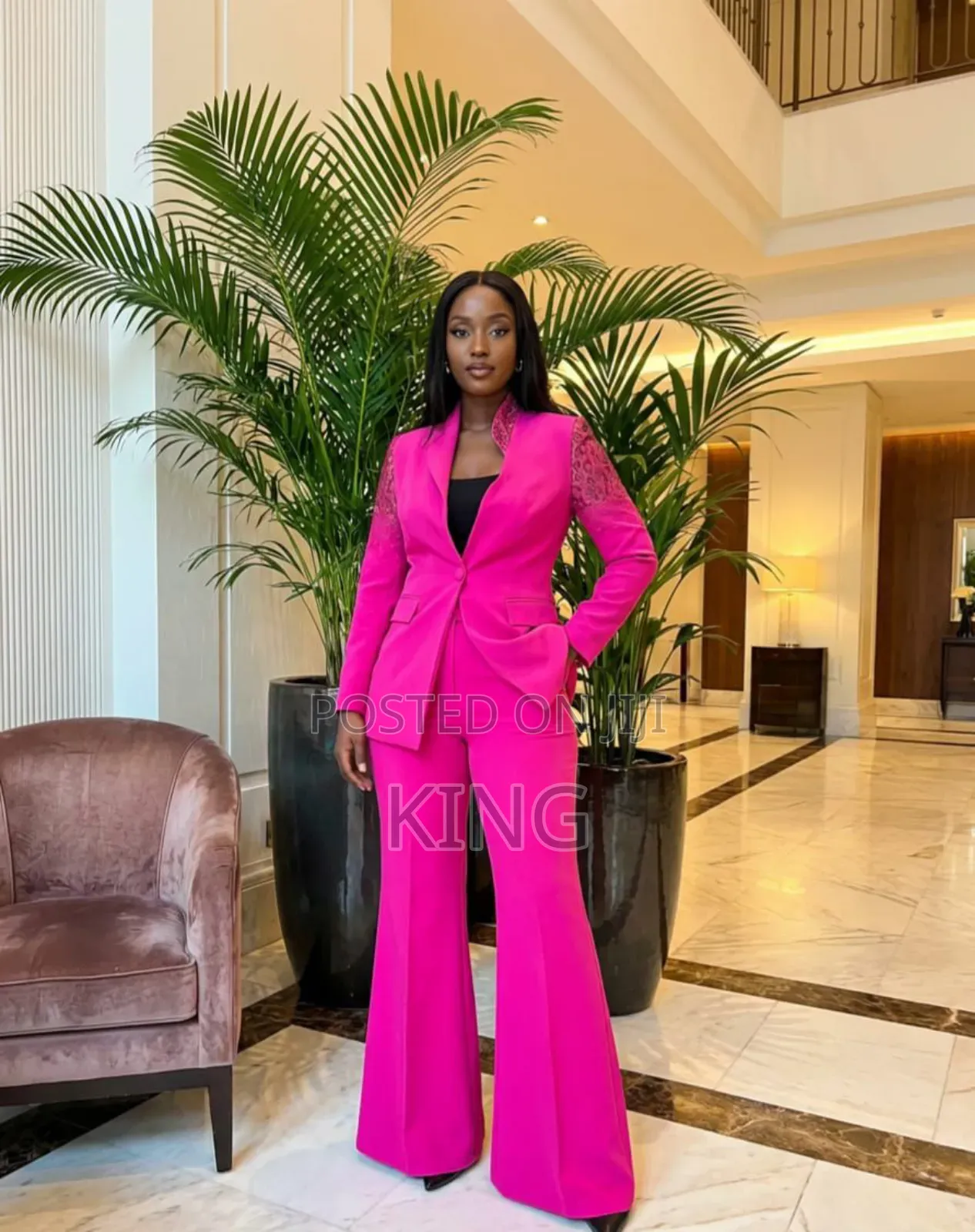 Two-Piece Fashion Suit. Blazer and Wide Leg Pants
