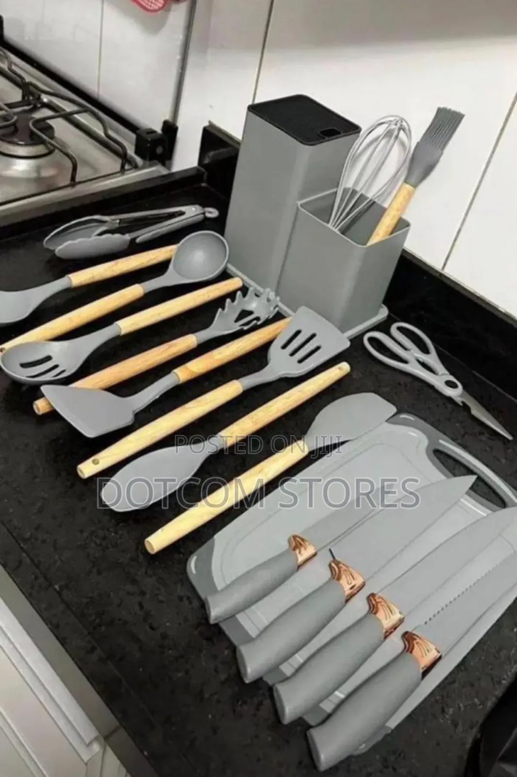 Grey Silicone Kitchen Utensil and Knife Set With Wooden Handles