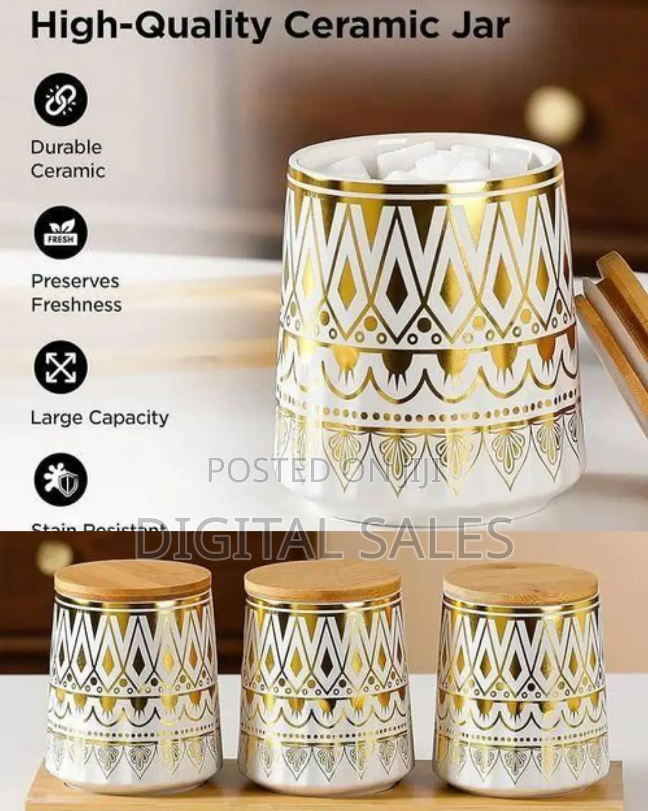 Elegant Ceramic Canister Set With Gold Geometric Pattern and Bamboo