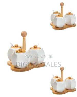 Ceramic Spice / Condiment Server Set With Bamboo Tray