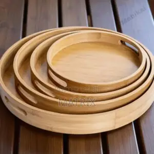 4pc Round Bamboo Serving Tray With Handle