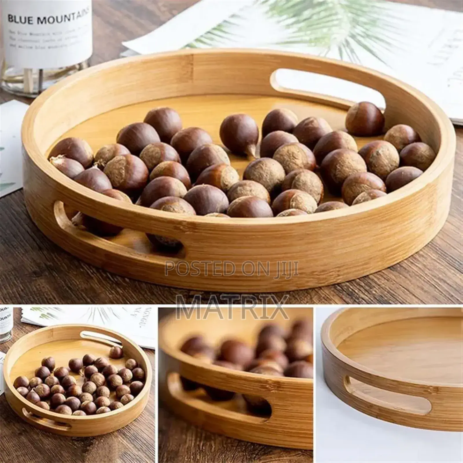 4pc Round Bamboo Serving Tray With Handle