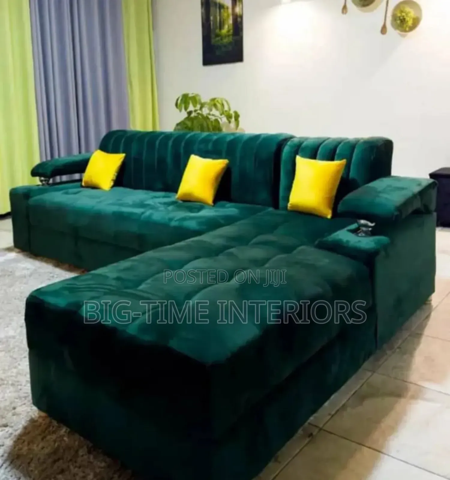 Green 5seater Lsofa With Yellow Cushions
