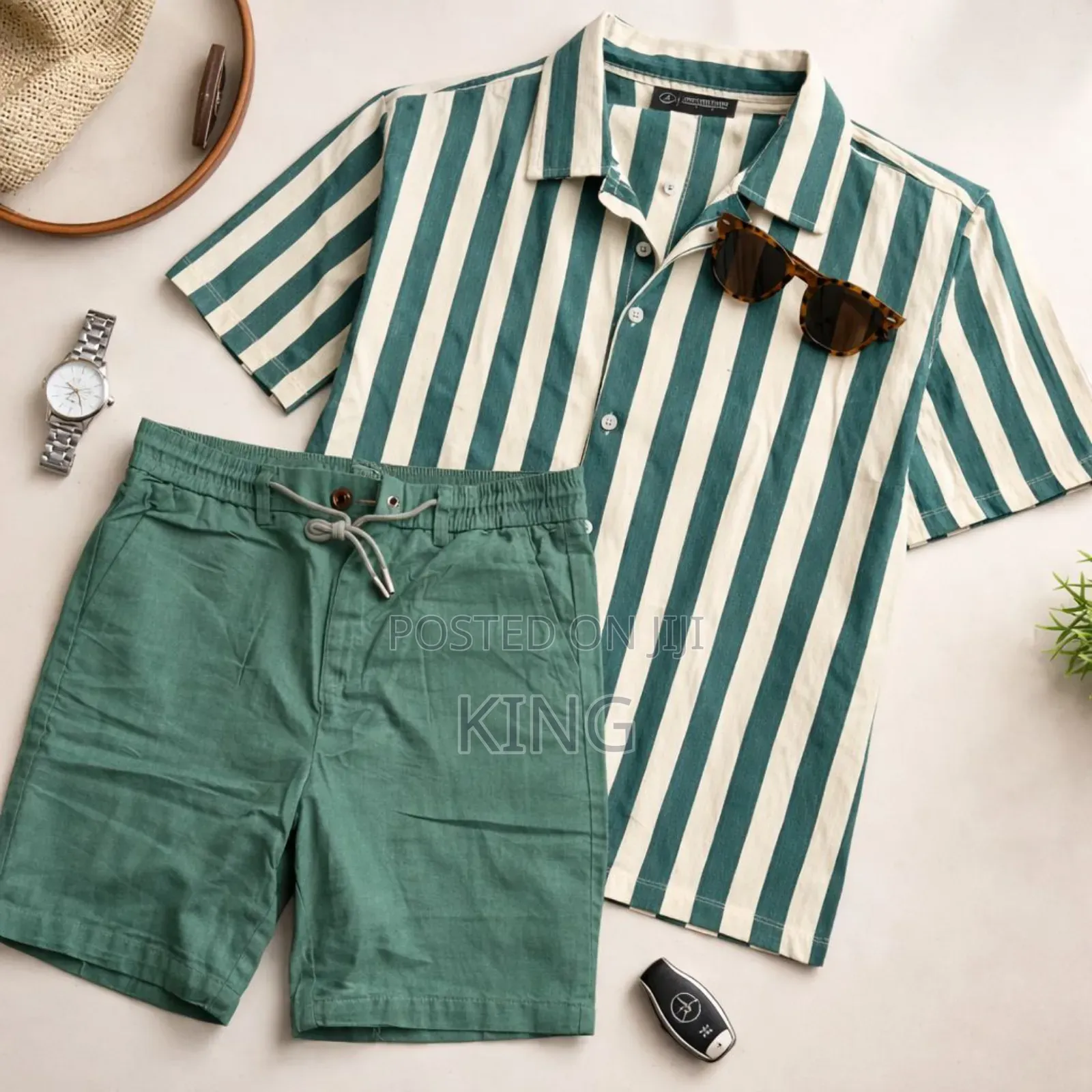 Men's Casual Apparel. Stripe Shirt and Linen Short