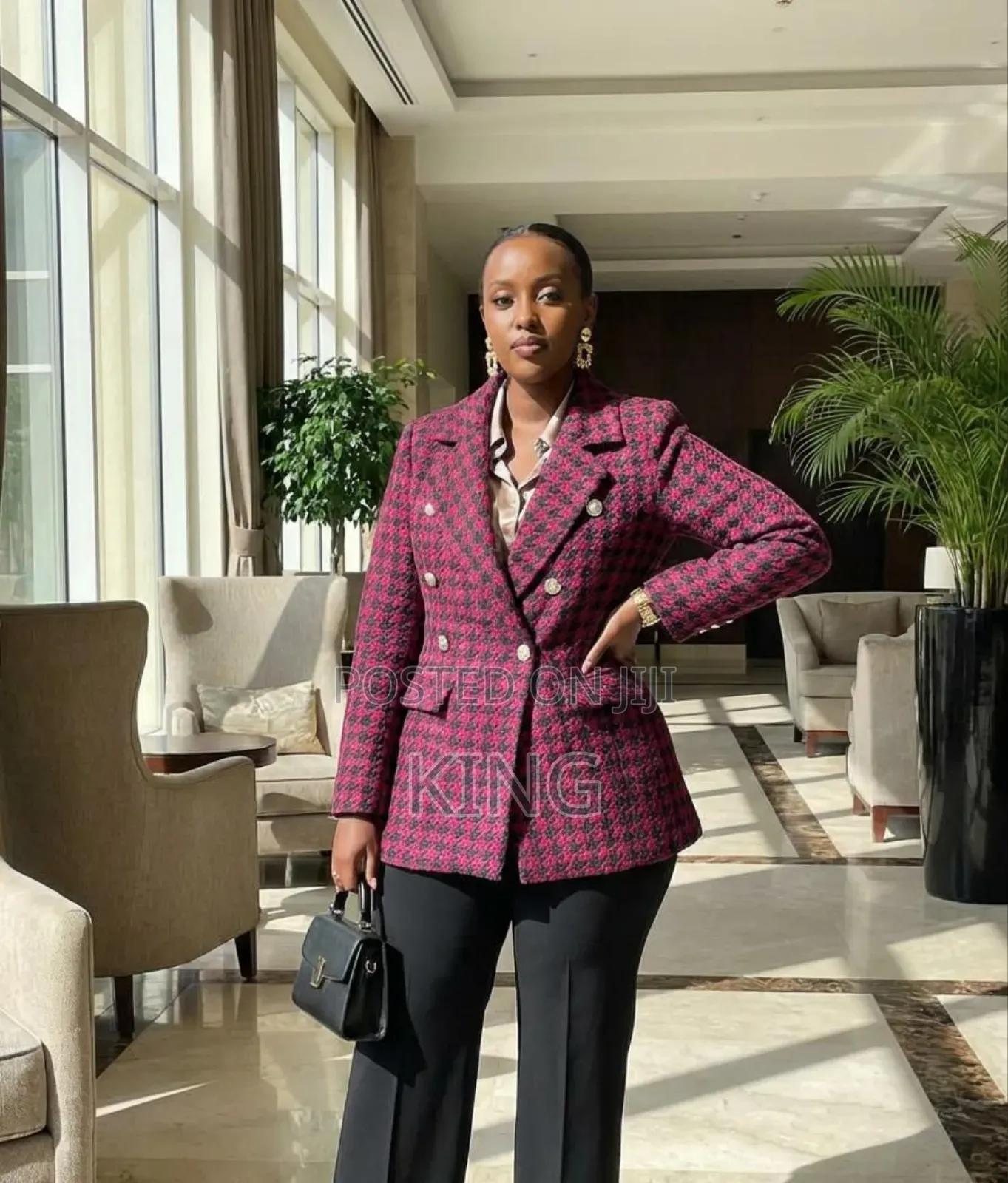 Women's Plaid Double-Breasted Blazer.