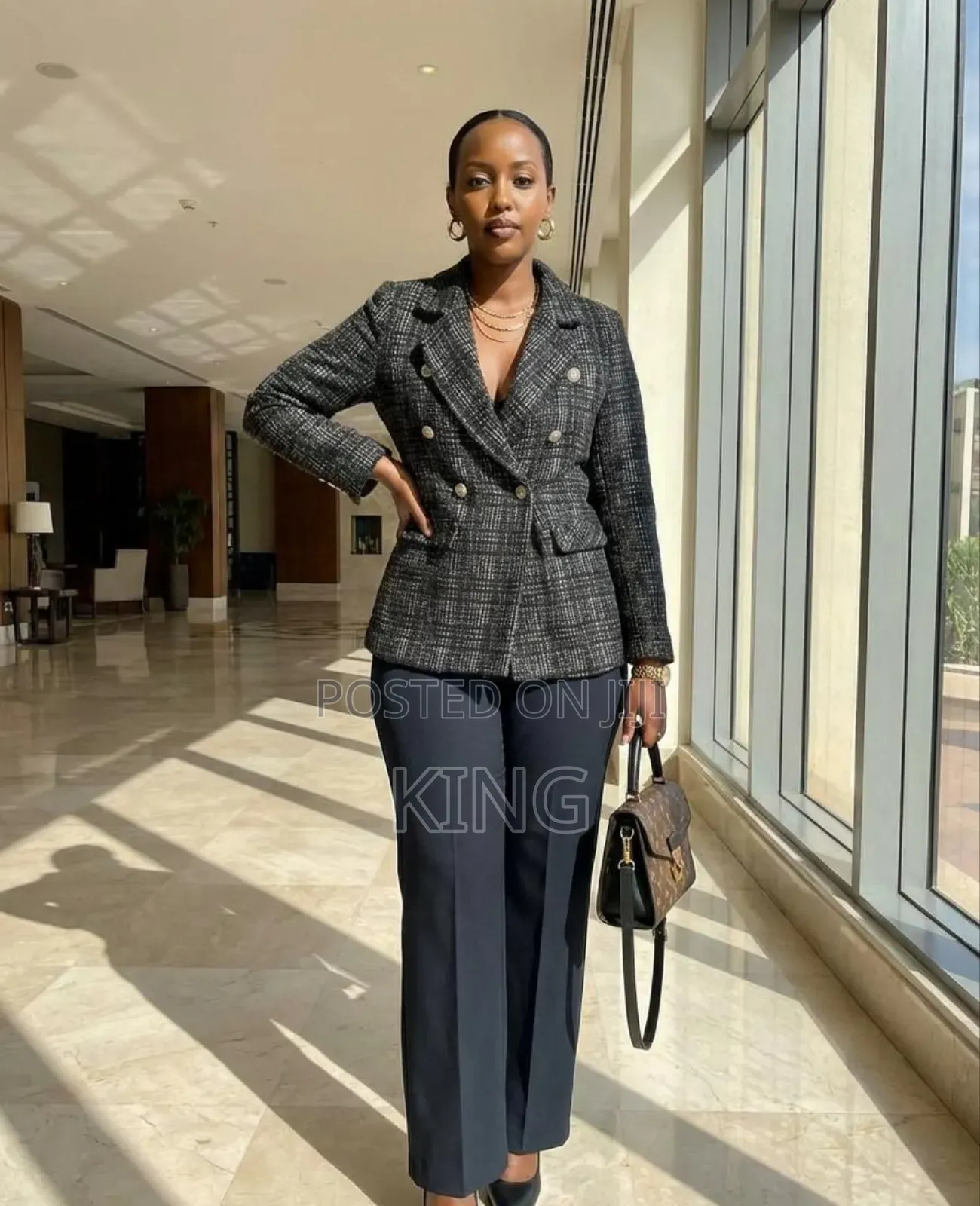 Women's Plaid Double-Breasted Blazer.