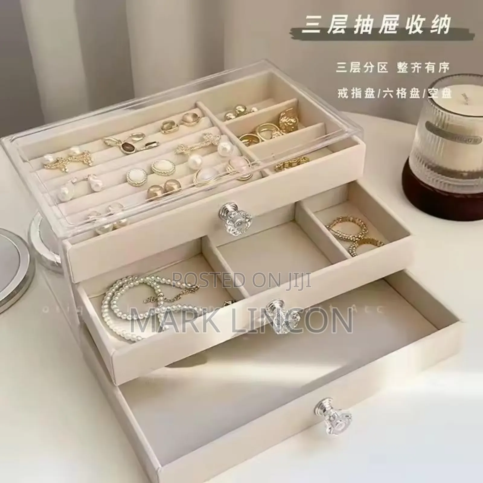3- Tier Velvet Jewelry Organizer Box With a Transparent Dust- Proof