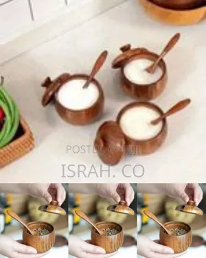 Three-Piece Set of Natural Bamboo/Wood Spice Jars or Sugar Bowls.
