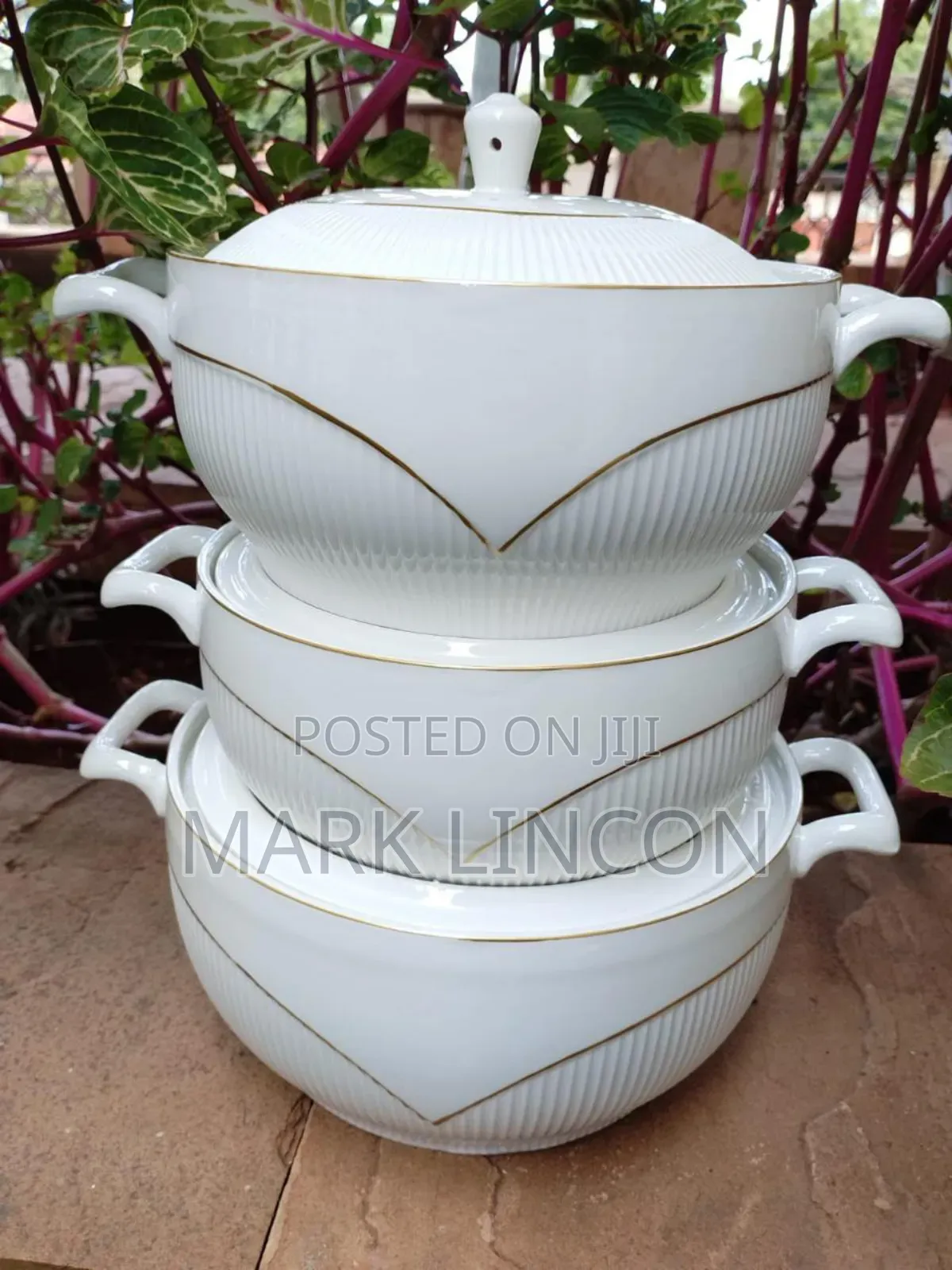3 Piece White Ceramic Casserole Serving Bowl Set With Handles