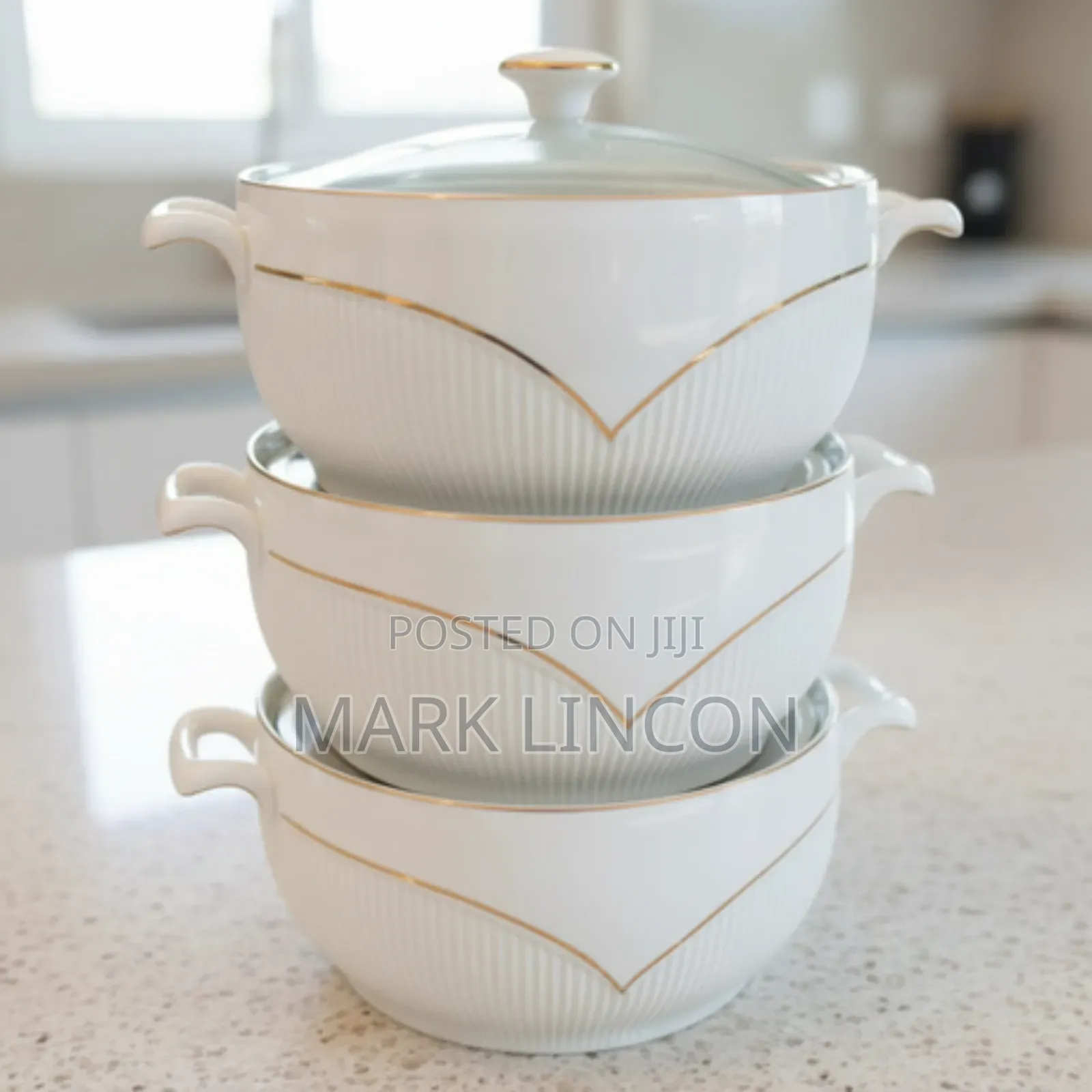 3 Piece White Ceramic Casserole Serving Bowl Set With Handles
