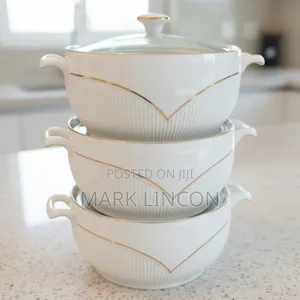 3 Piece White Ceramic Casserole Serving Bowl Set With Handles