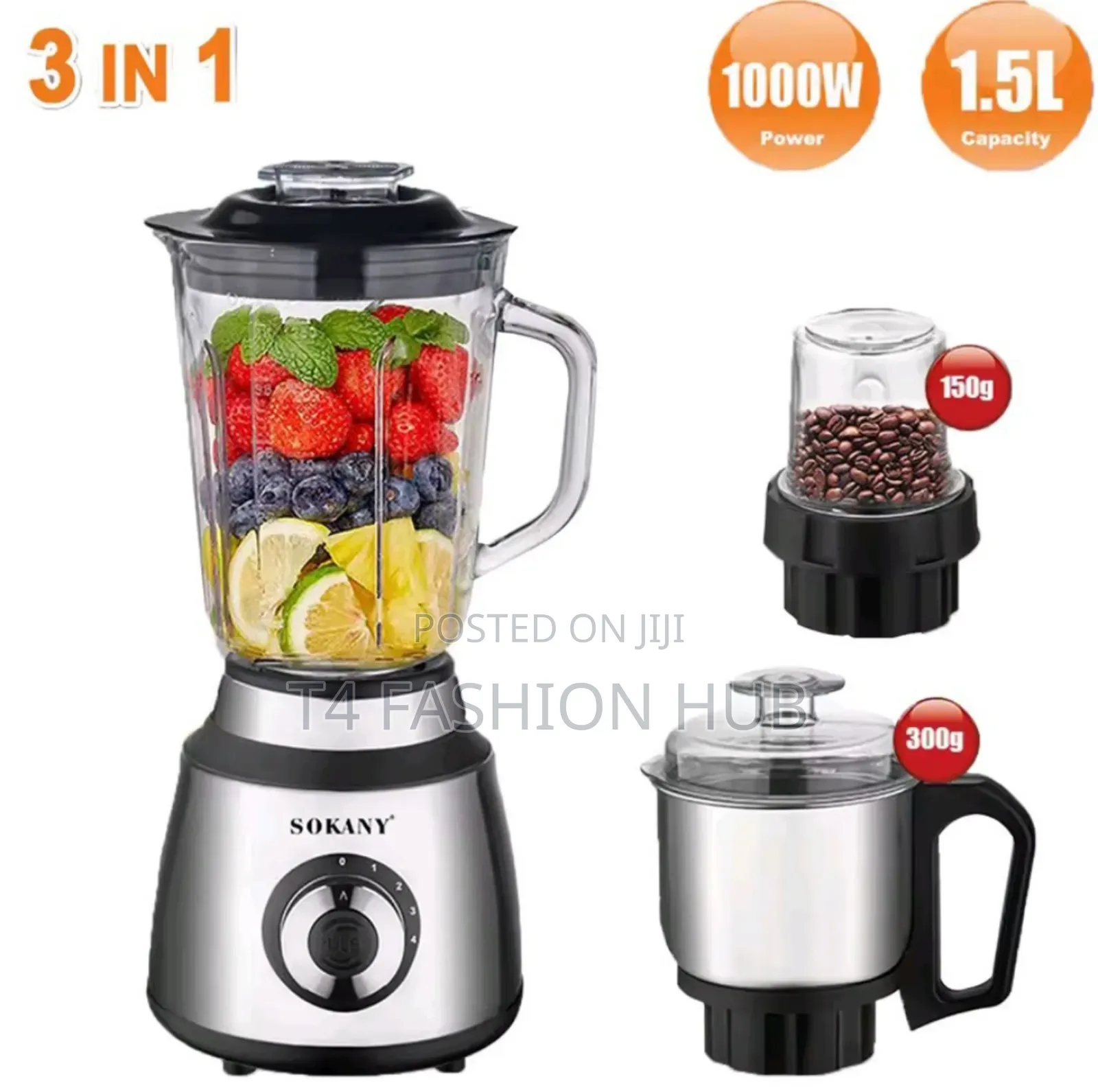 3-in-1 Blender 1.5l Glass Jar,1000w,150g Grinder, 300g Grinder