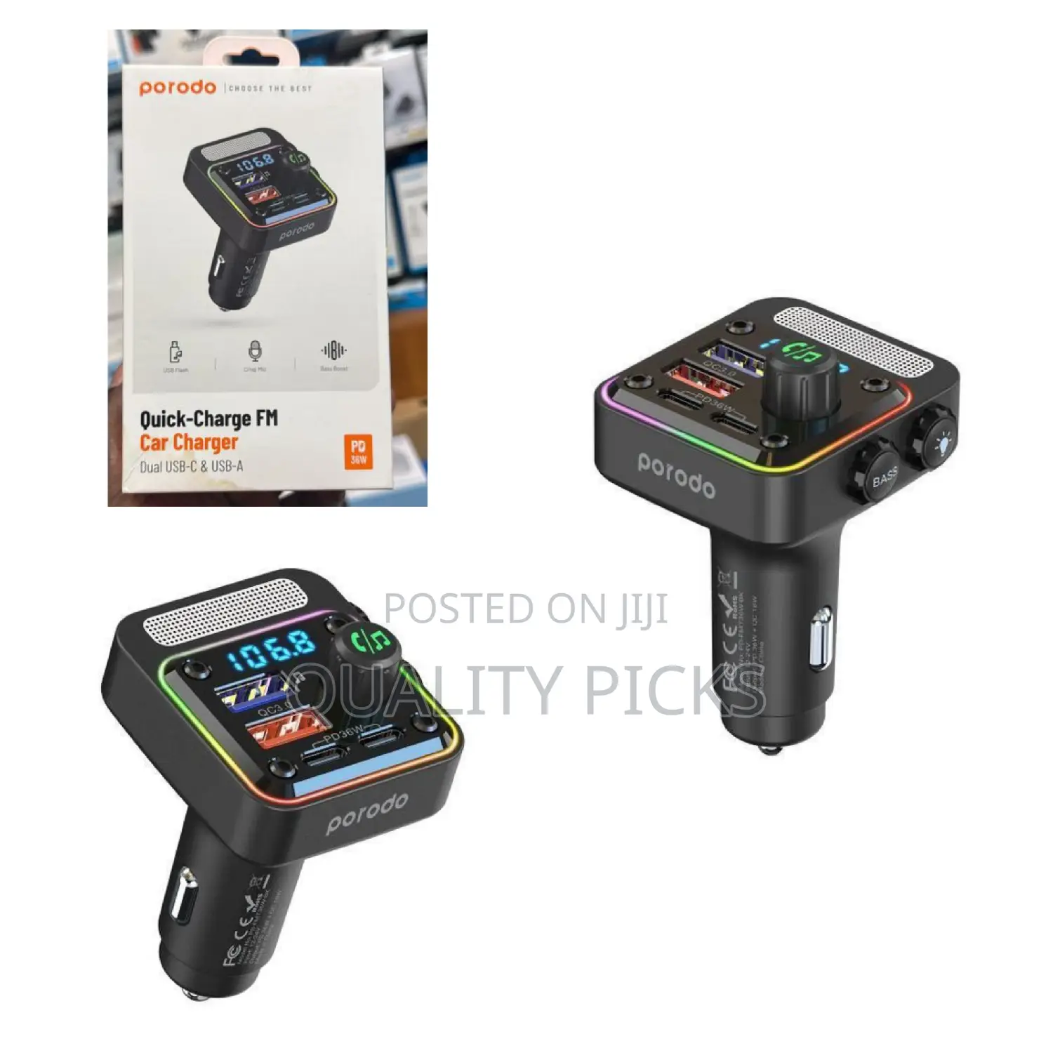 Porodo 3-in-1 Fm Car Charger With 36w Power Delivery - Black