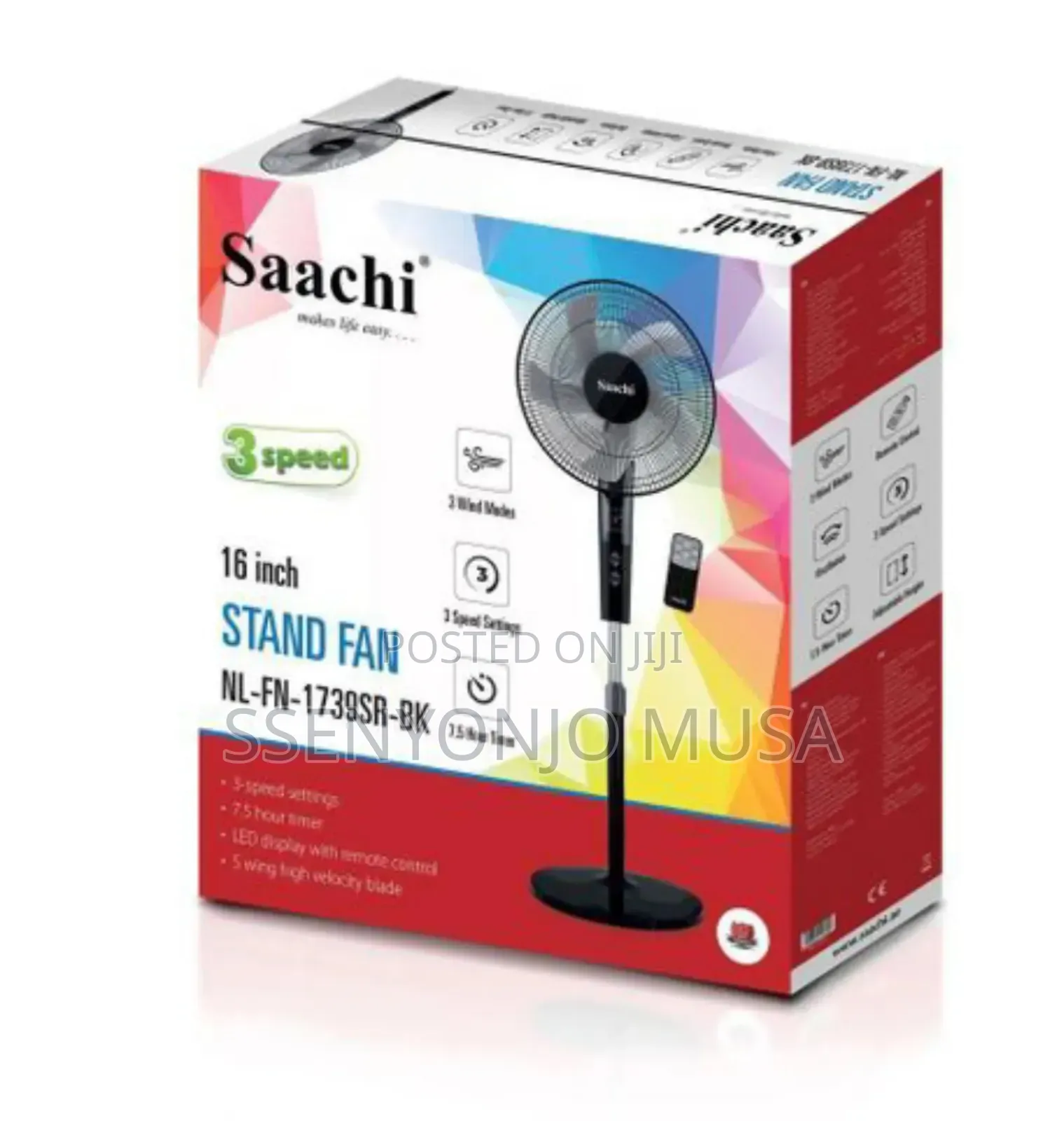 Saachi Stand Fan 16" Nl-Fn-1739sr-Bk - 3-Speed, 3 Wind