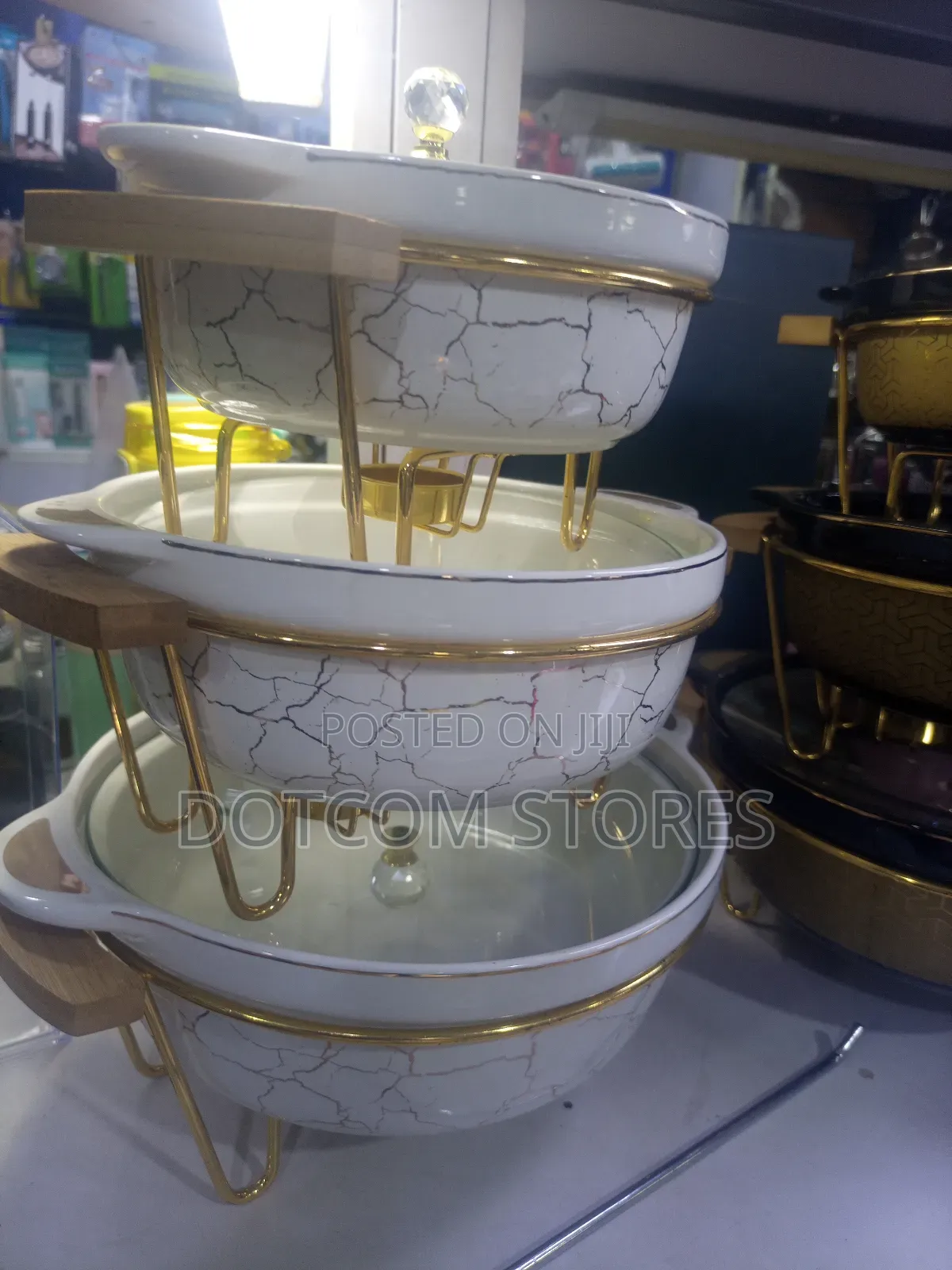 Set of Ceramic Food Warmers With Goldtoned Metal Stands Glass Lids.