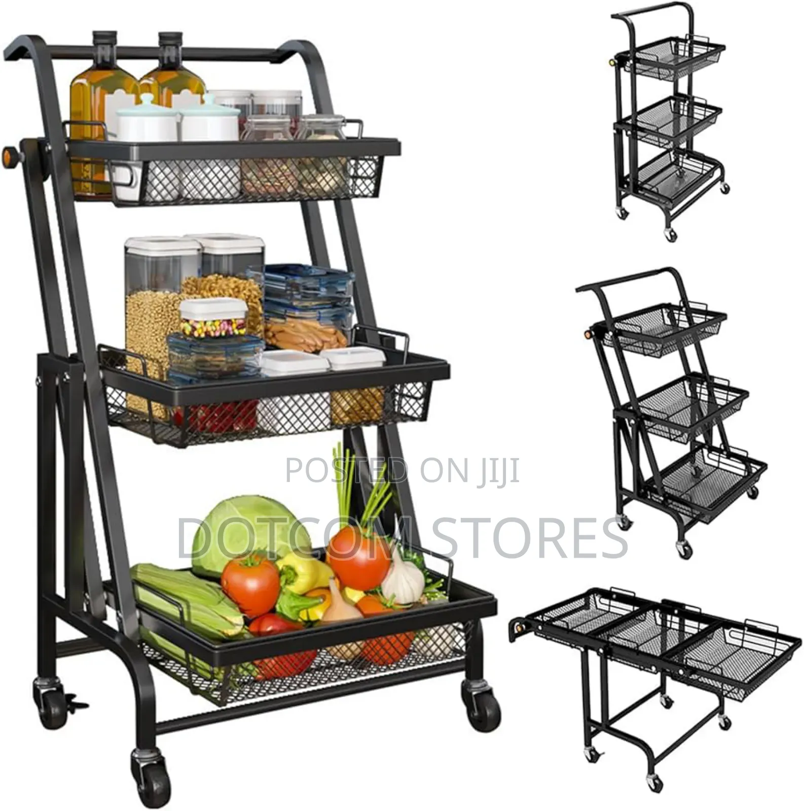 3-Tier Folding Utility Rolling Cart Made of Carbon Steel