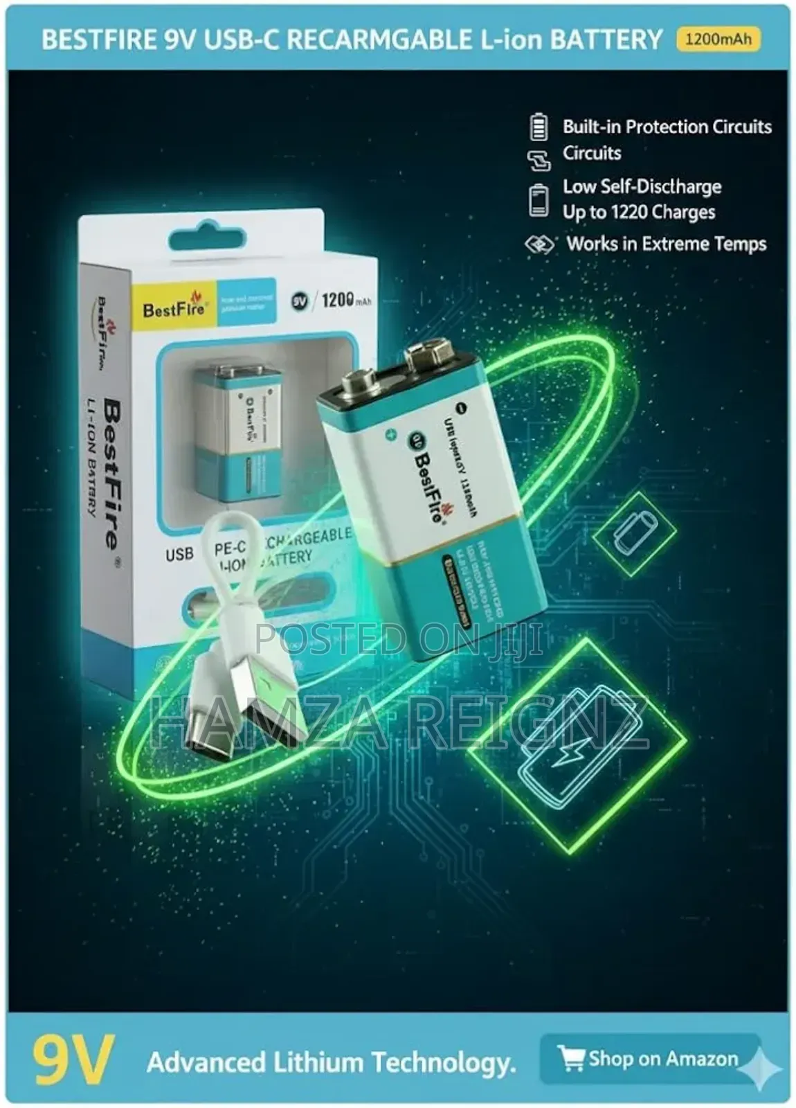 Bestfire 9v- Usb Type-C Rechargeable Li-Ion 1200mah Battery