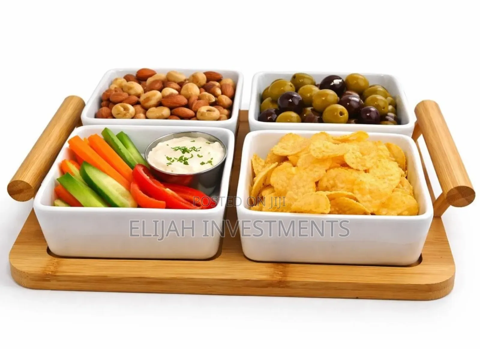 Ceramic Divided Serving Dishes and Bamboo Tray