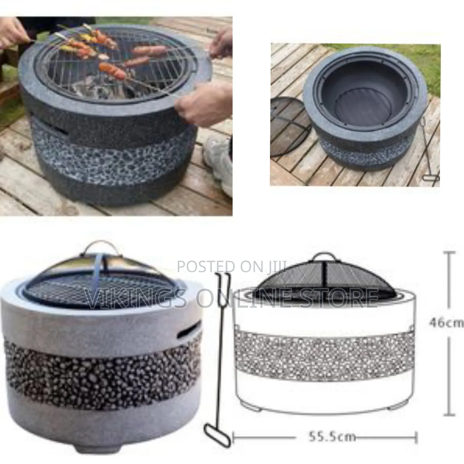 Large Artificial Stone Barbecue Fire Pit Fire Bowl With Grill Gray