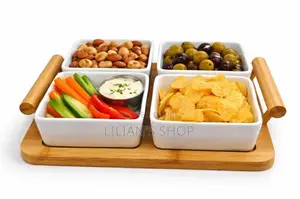 Ceramic Divided Serving Dishes and Bamboo Tray