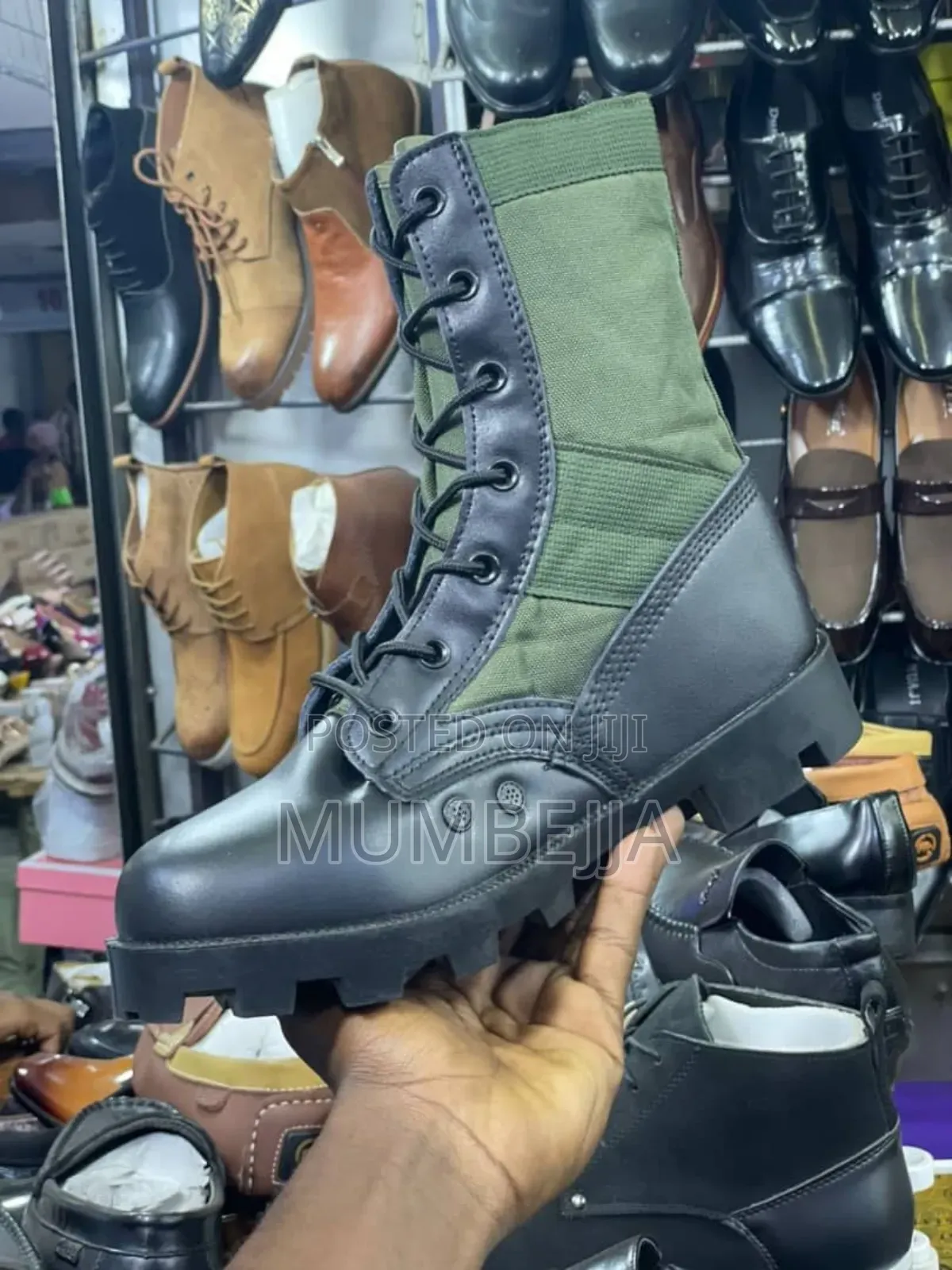 Black Leather Boot Combat With a Green Canvas