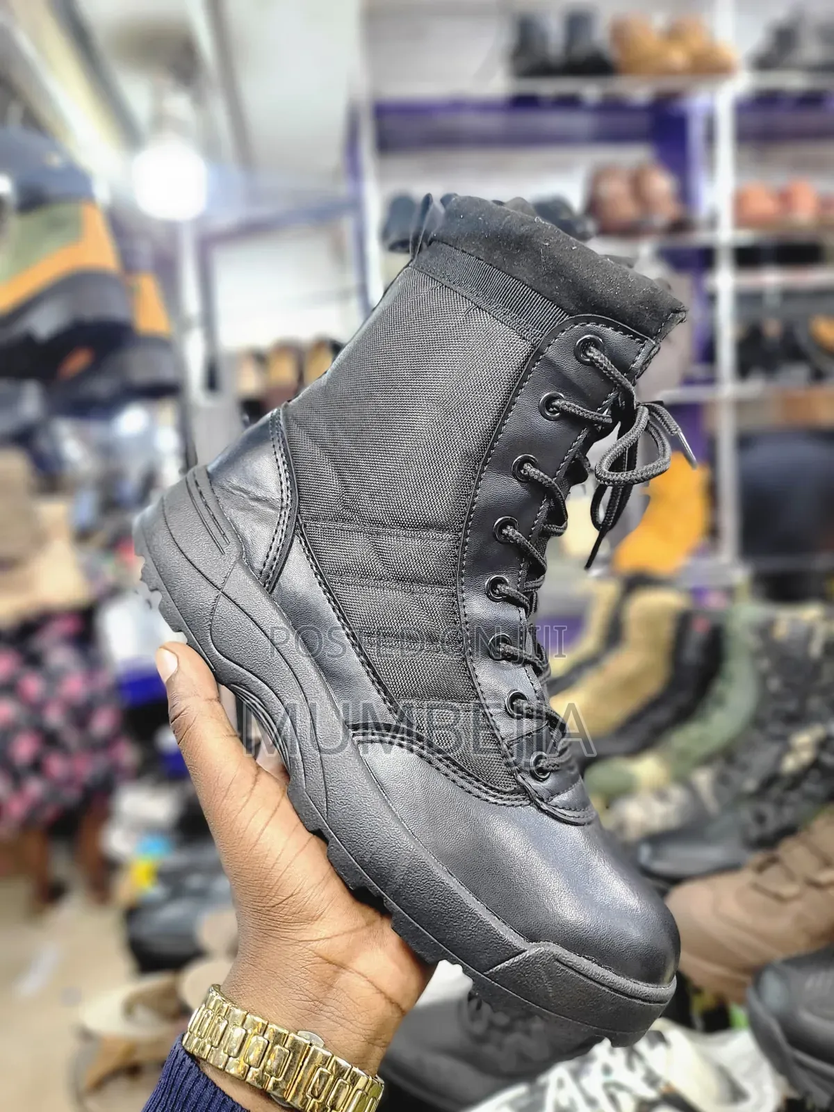 Black Combat Boots With Gray Side Panels