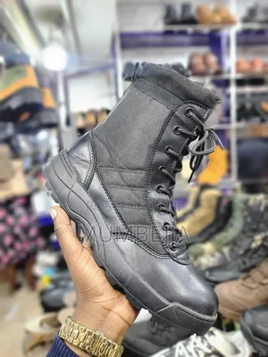 Black Combat Boots With Gray Side Panels