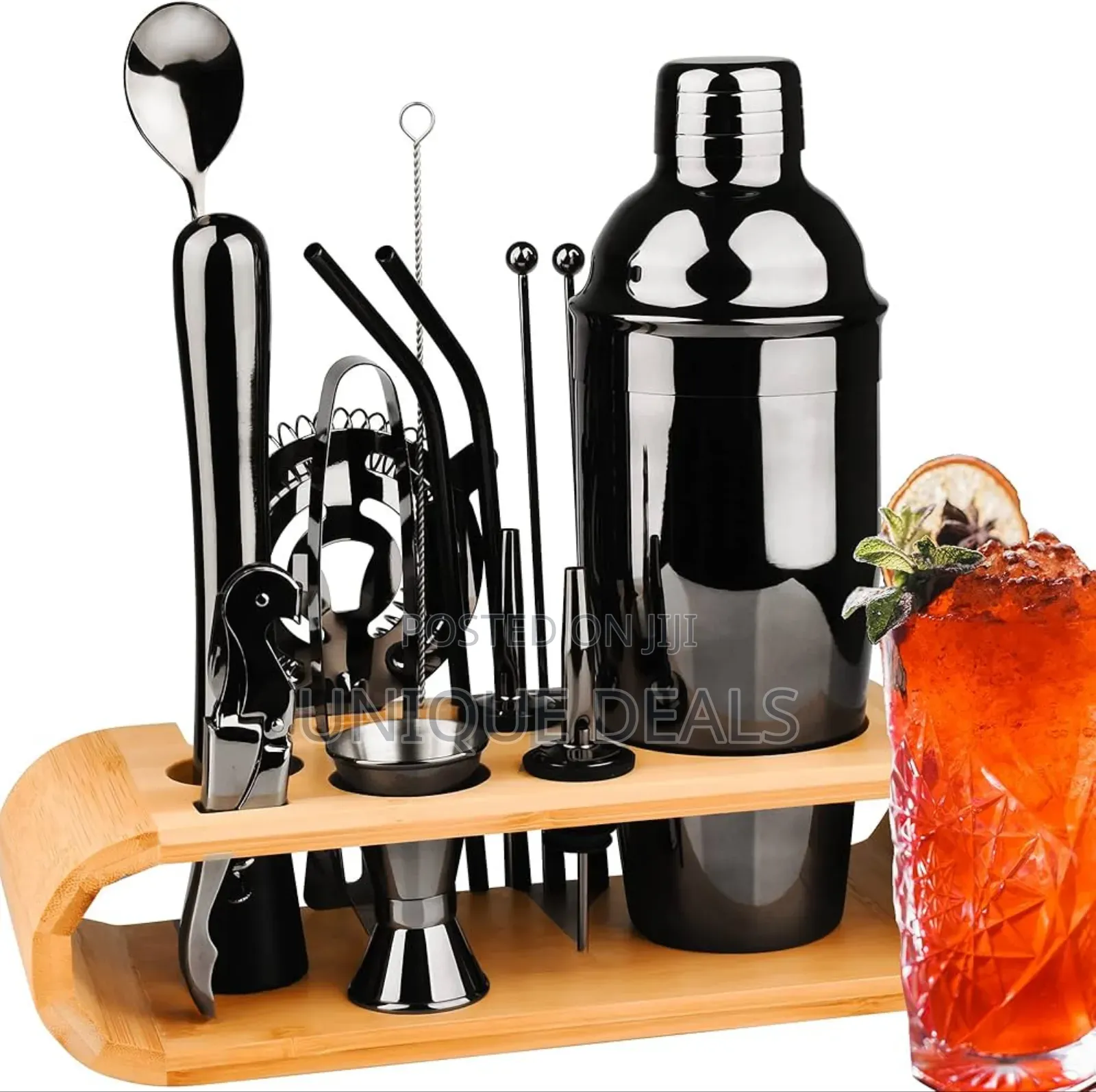 Black _Mixology Craft Cocktail Shaker Set With Bamboo Stand
