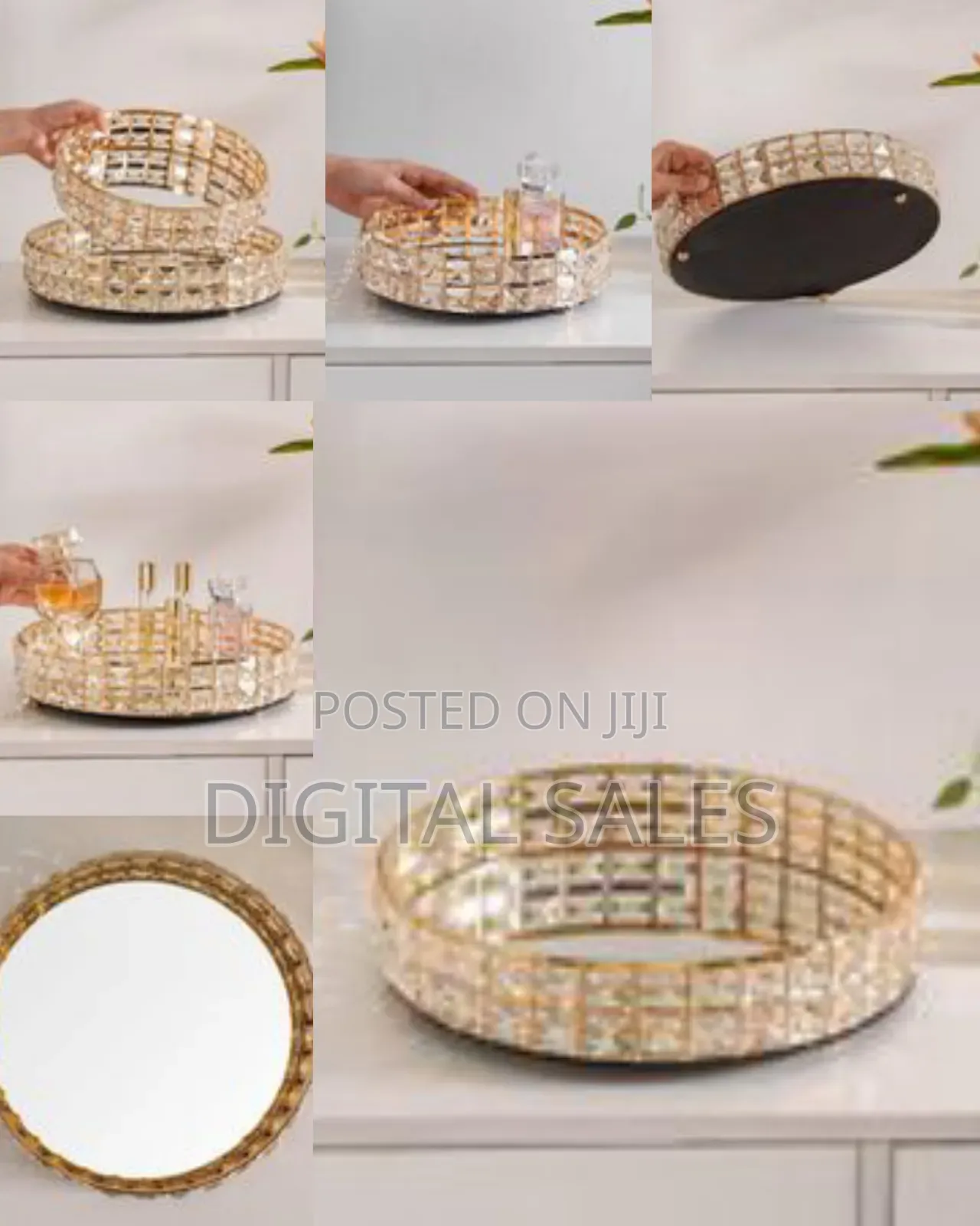 Decorative Crystal Mirror Tray Gold Round
