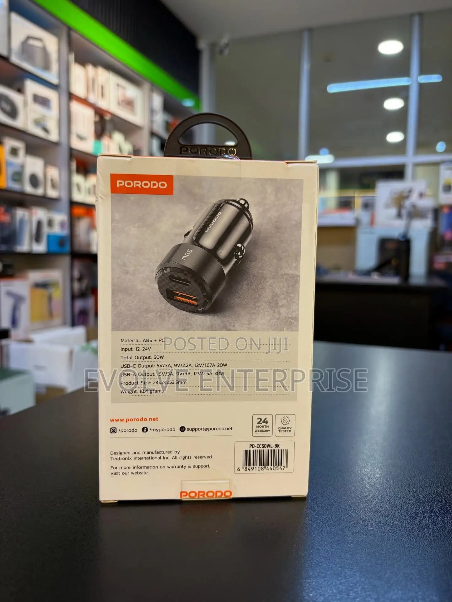 Porodo 50w Dual Port Car Charger Qc 30w With Type-C to Lightning Cable
