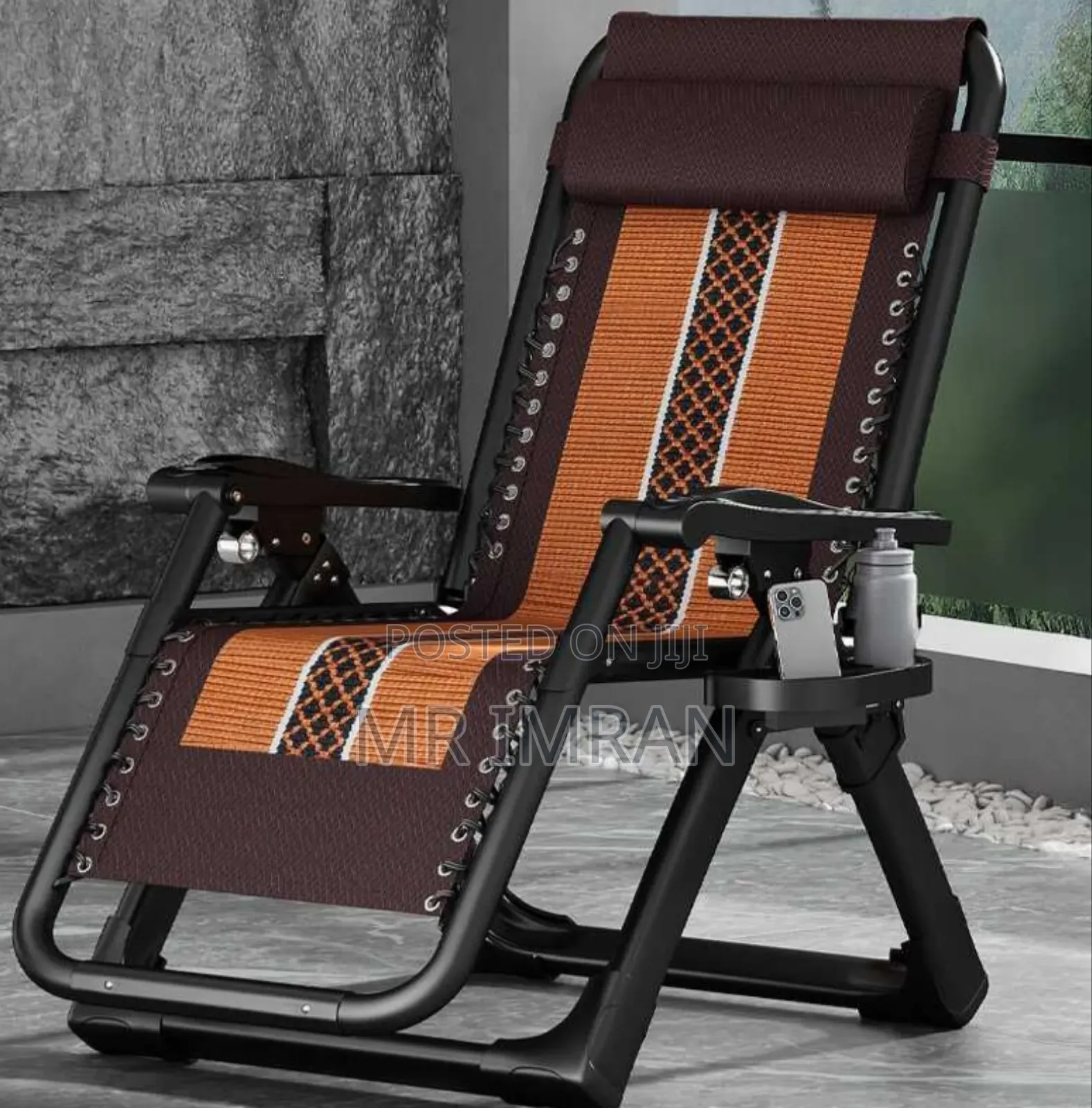 Foldable, Brown and Orange Checkered Zero-Gravity Chair