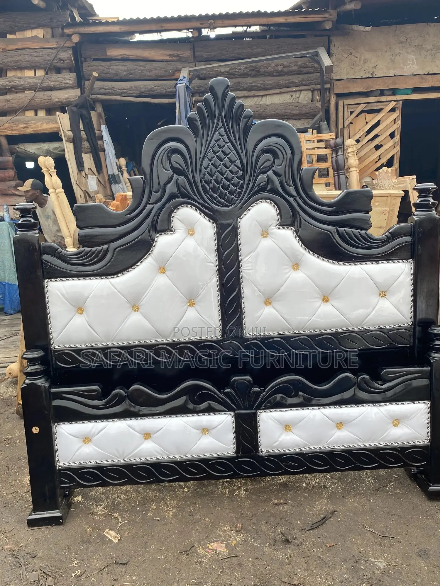 Premium 5x6 Luxury Hand-Carved Bed – Elegant Black Pearl White