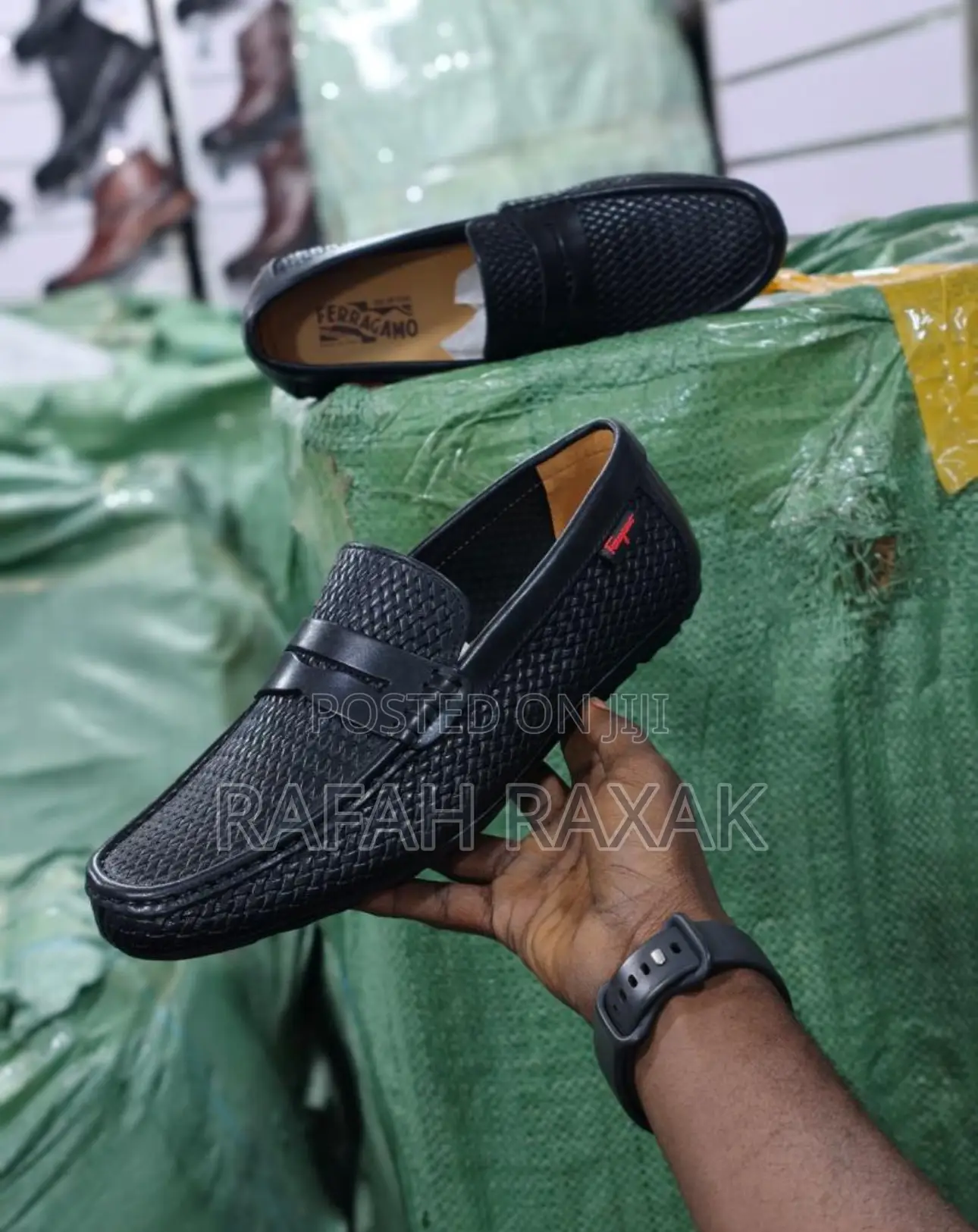 Original Black Salvatore Ferragamo Woven Texture Leather Moccasins