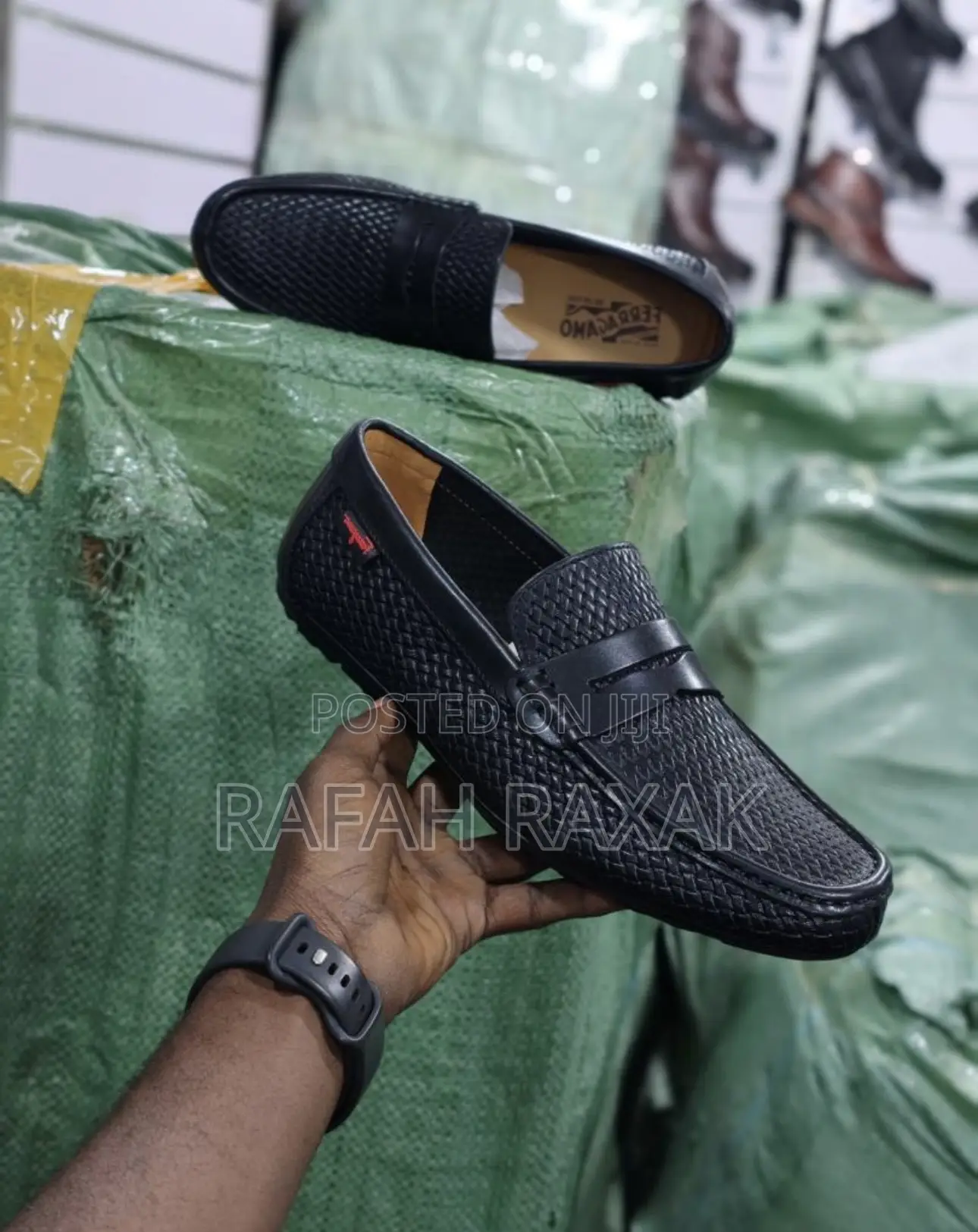 Original Black Salvatore Ferragamo Woven Texture Leather Moccasins