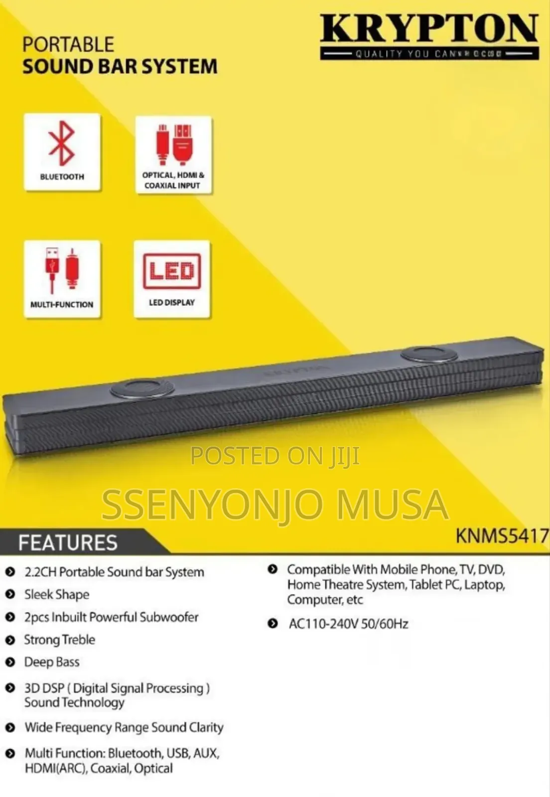 Krypton Portable Sound Bar System 2.2ch– 25w, Bluetooth, Optical, Hdmi
