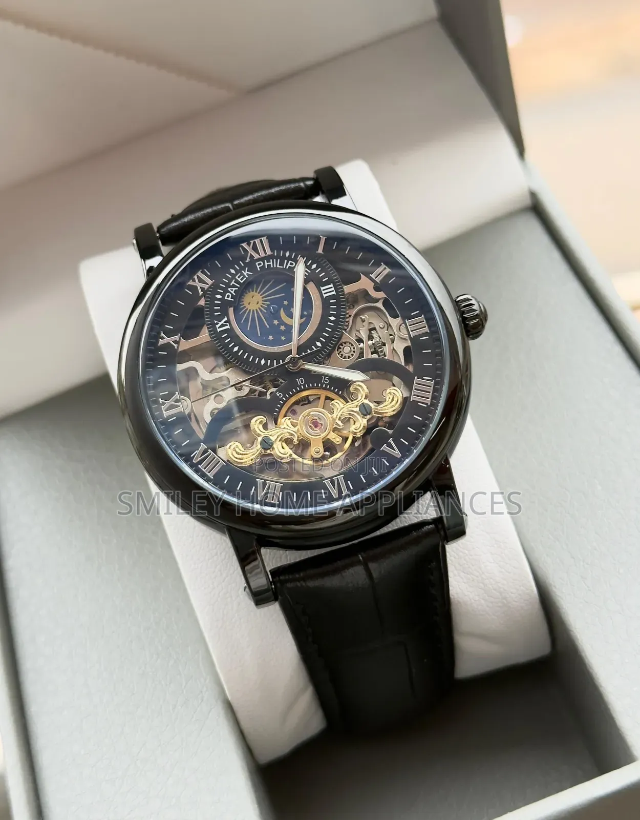 Black Face Men's Patek Phillipe Mechanical Leather Strapped Watch