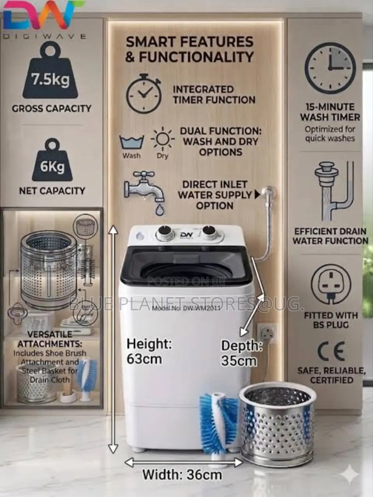 Digiwave 7.5kgs Single Drum Dry and Washing Machines With Shoe Brush