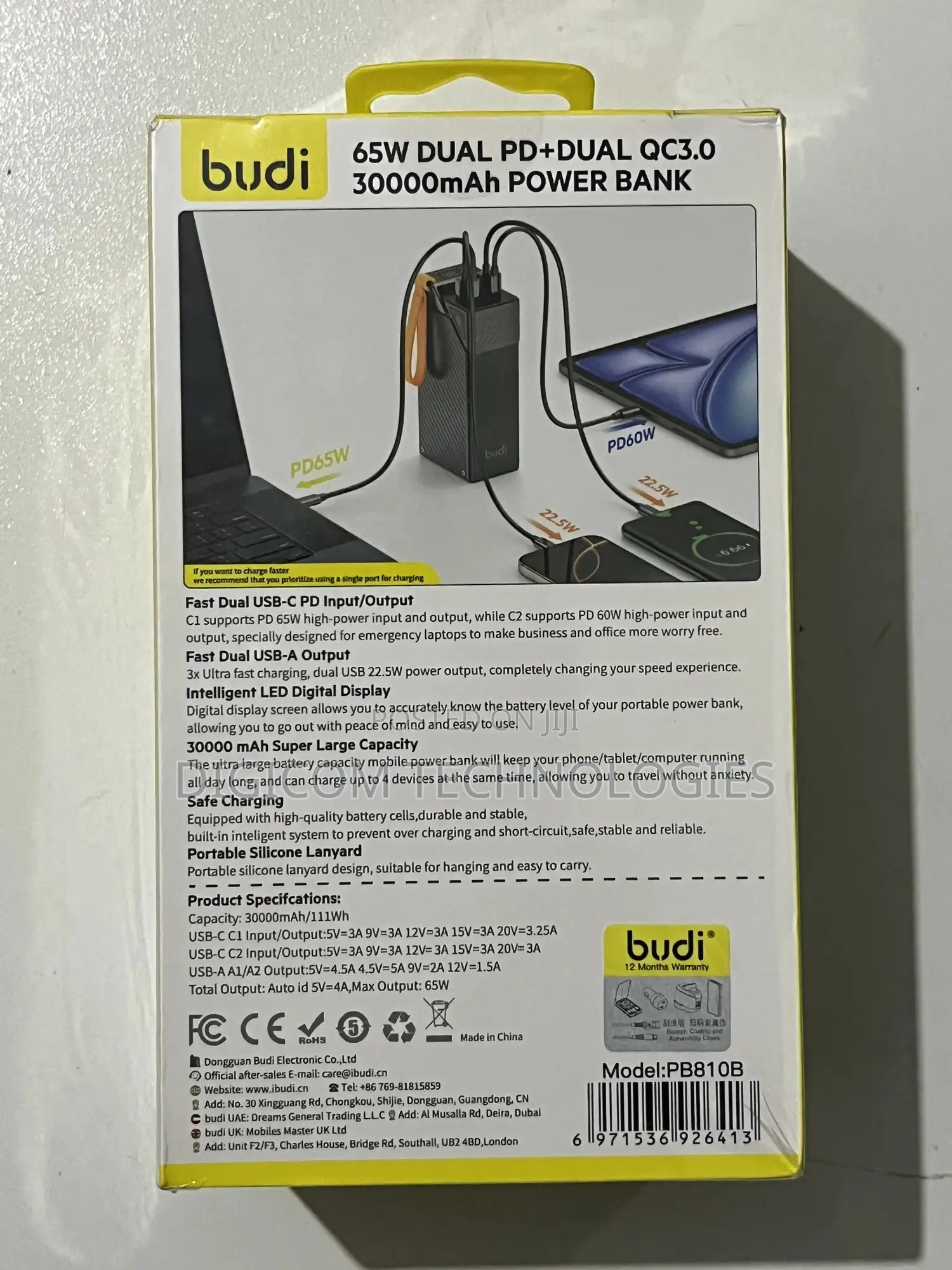 Budi 65w Powerbank 30,000 Mah for Phone and Laptop