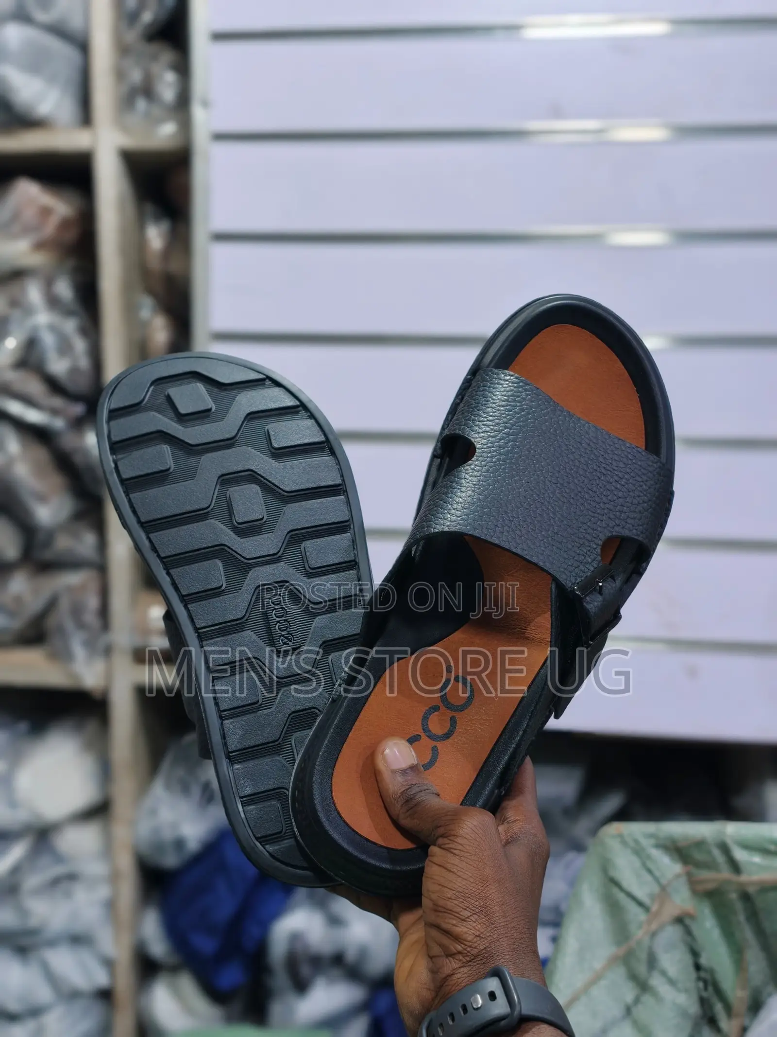 Ecco Buckle Premium Classic Leather Rubber Sandals