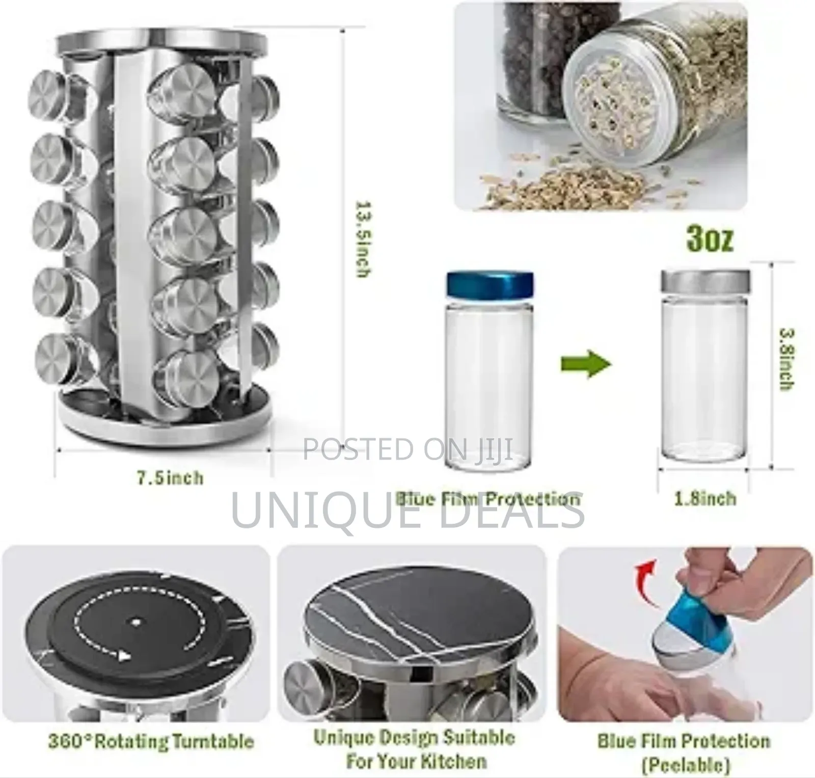 Rotating Spice Rack Organizer With 20 Empty Spice Jars