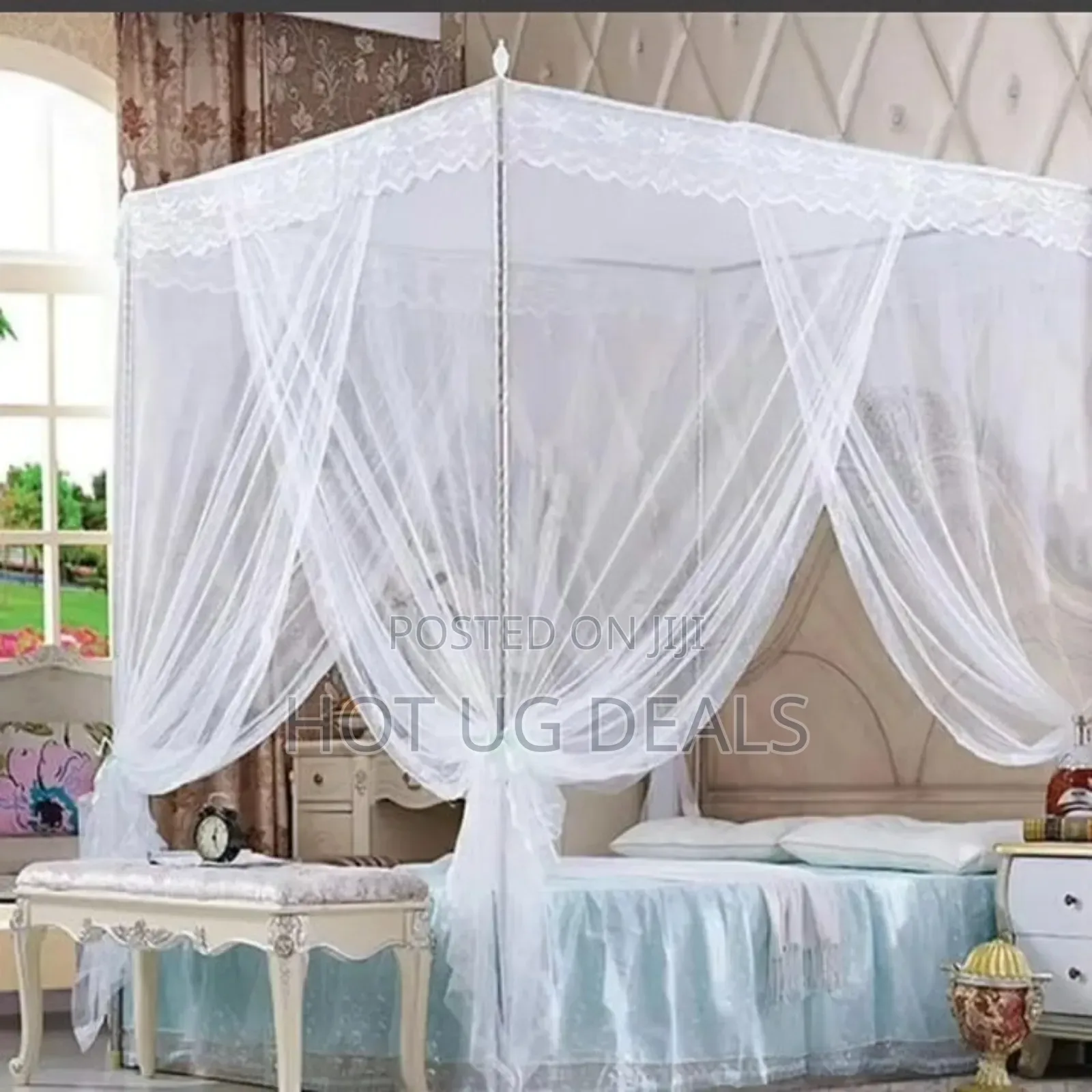 6*6steel Flat Topped Luxury Mosquito Net With Stands – White