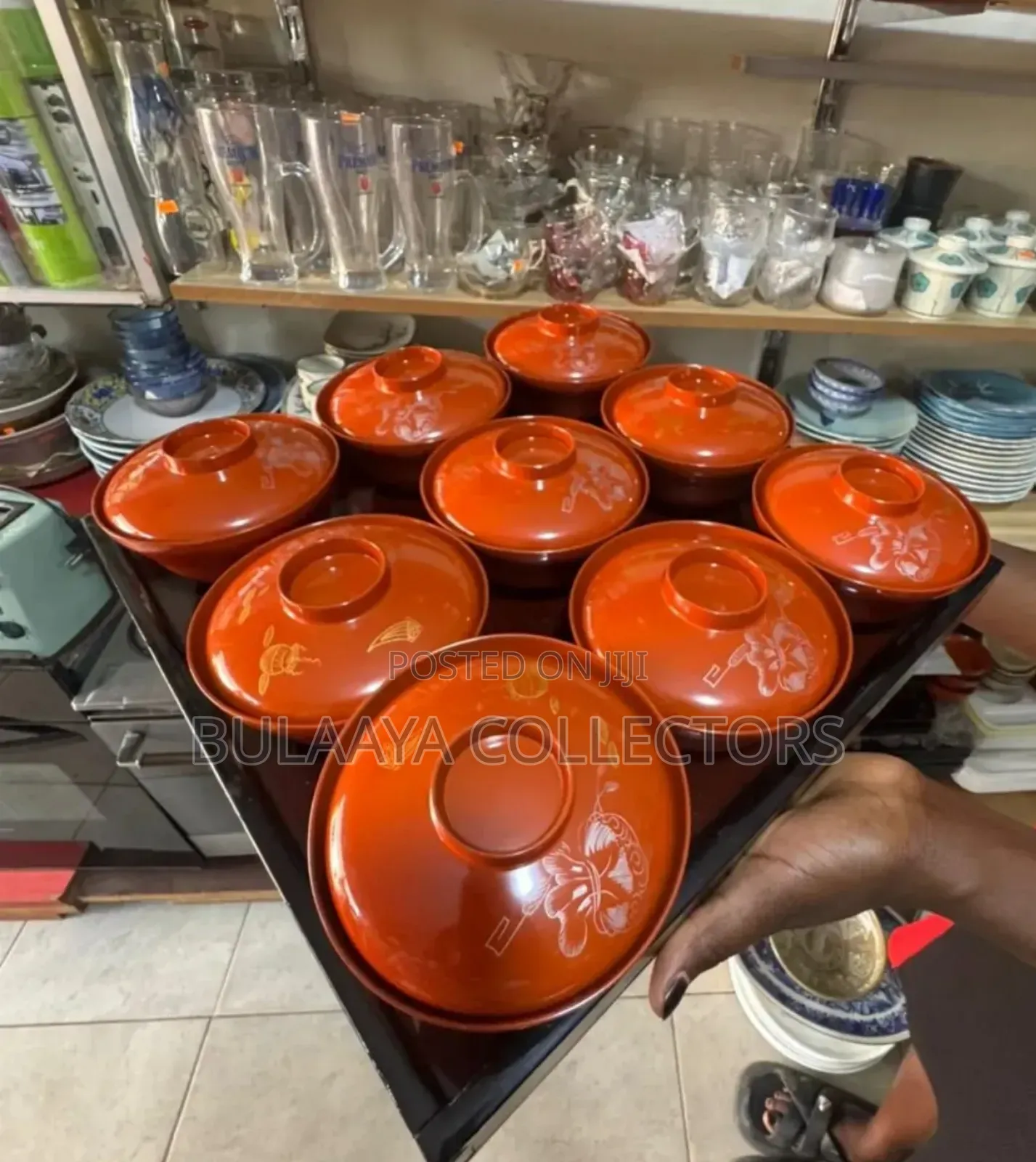 Collection of Vintage Japanese Red Lacquerware Bowls With Lids.