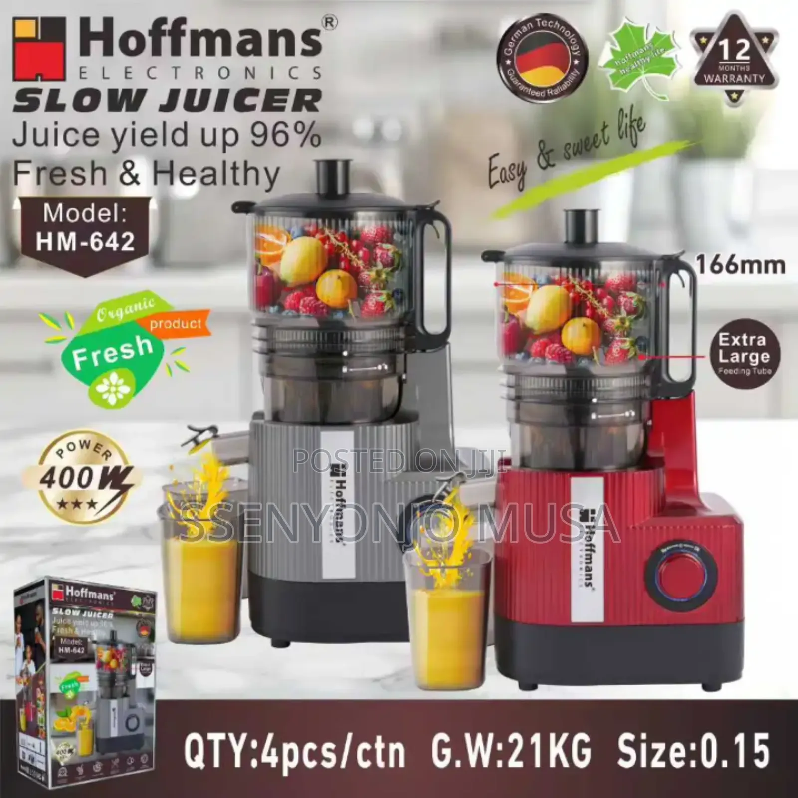 Hoffmans Slow Juicer Hm-642 – 400w Cold Press Juicer With 166mm Wide