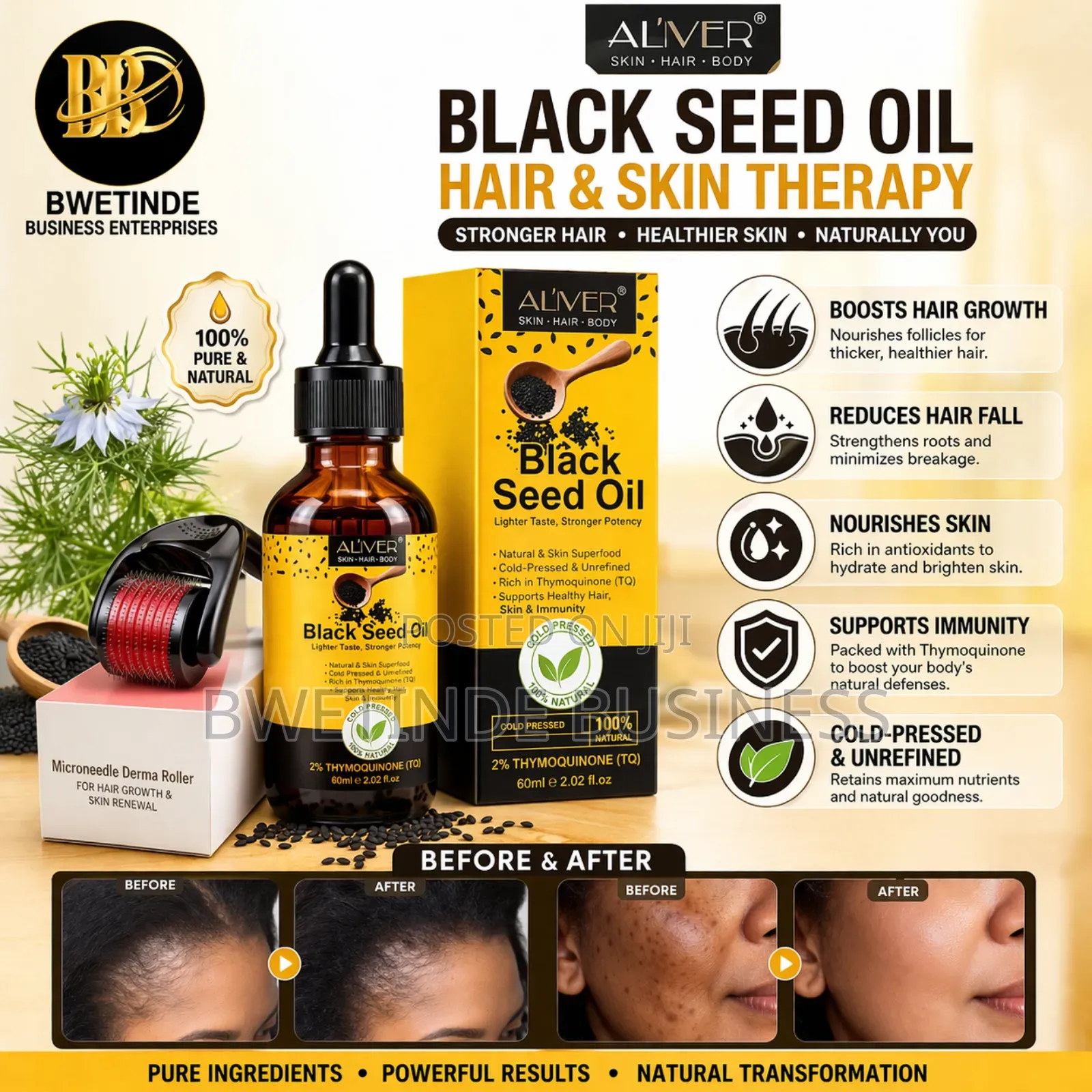 Black Seed Oil + Derma Roller Hair Growth Skin Care Combo Kit