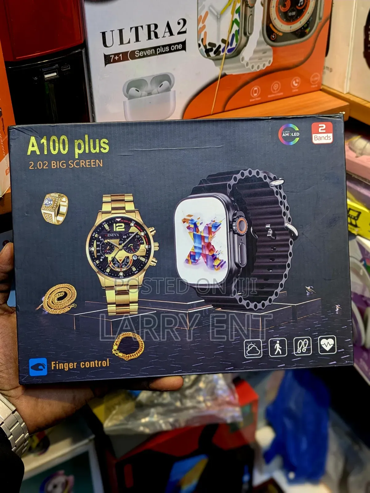 A100 Plus Smartwatch Men Gift Set – 2 Straps + Gold Jewelry