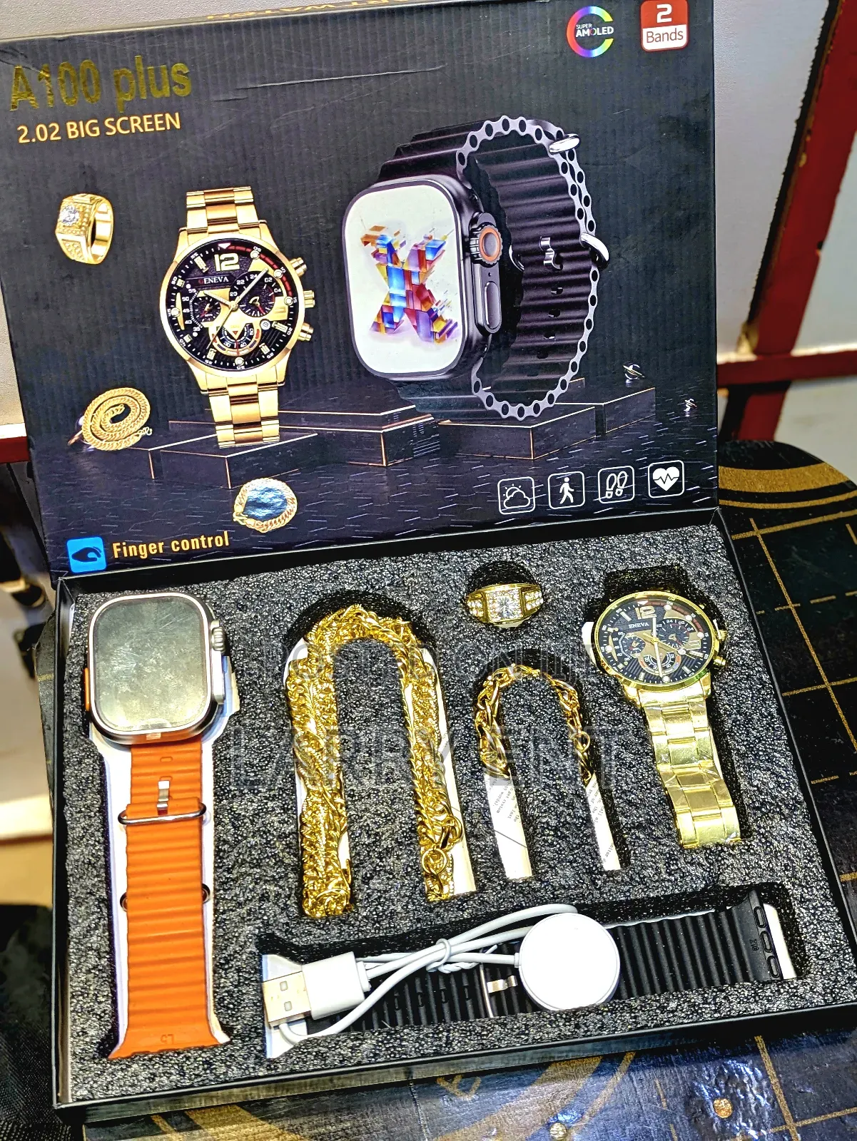 A100 Plus Smartwatch Combo for Men – 2 Straps + Luxury Gold Set