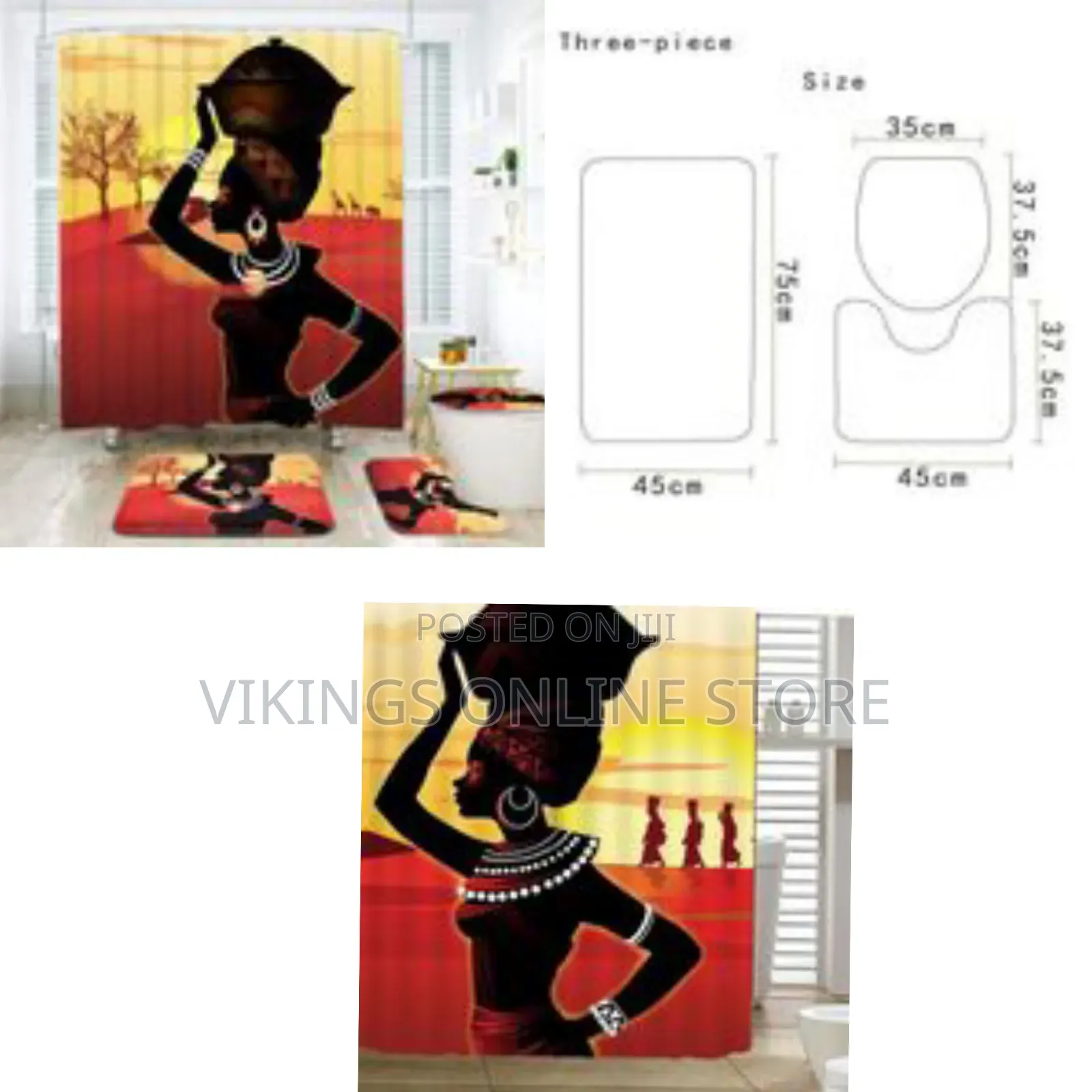 4 Piece African Girl Waterproof Shower Curtain With Toilet Cover Mats