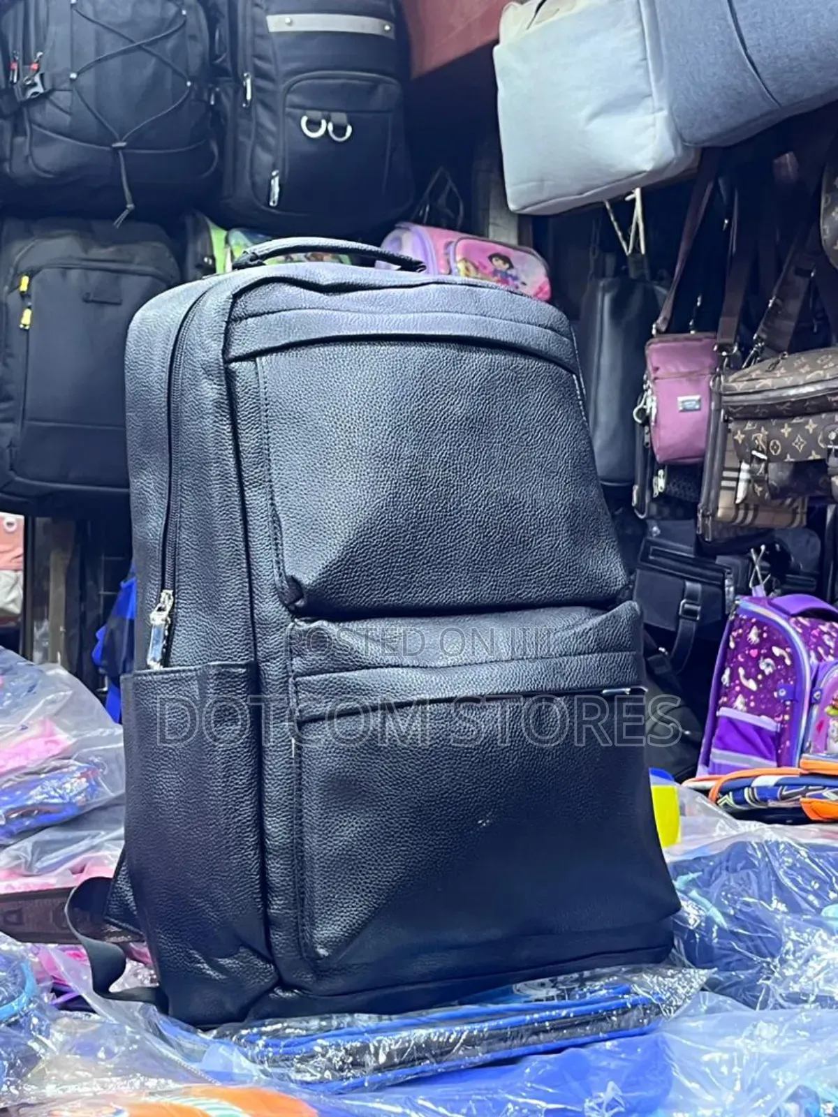 Large-Capacity Black Leather Backpack