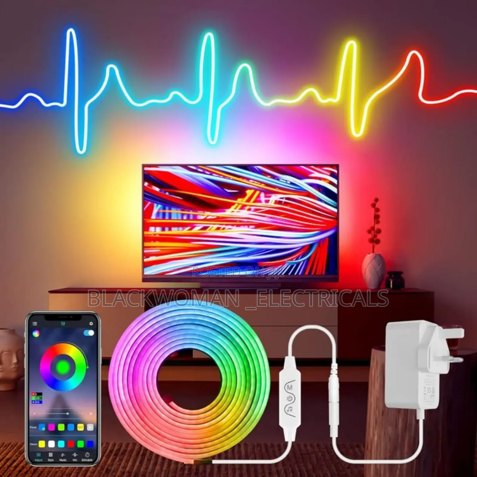 Running Neon Striplight Controlled on Remote N Phone, Has 5meters.