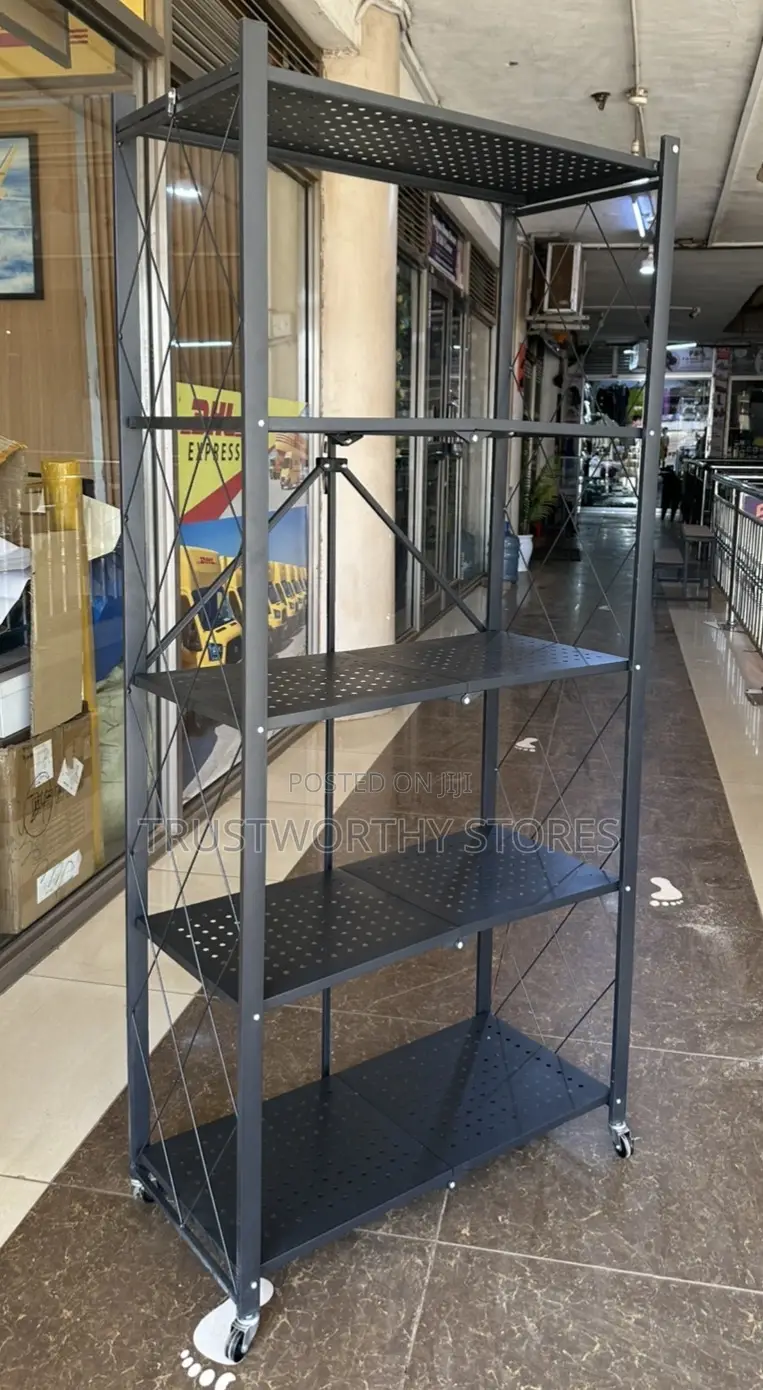 Durable Folding Rack With Rollers - 5 Tiers